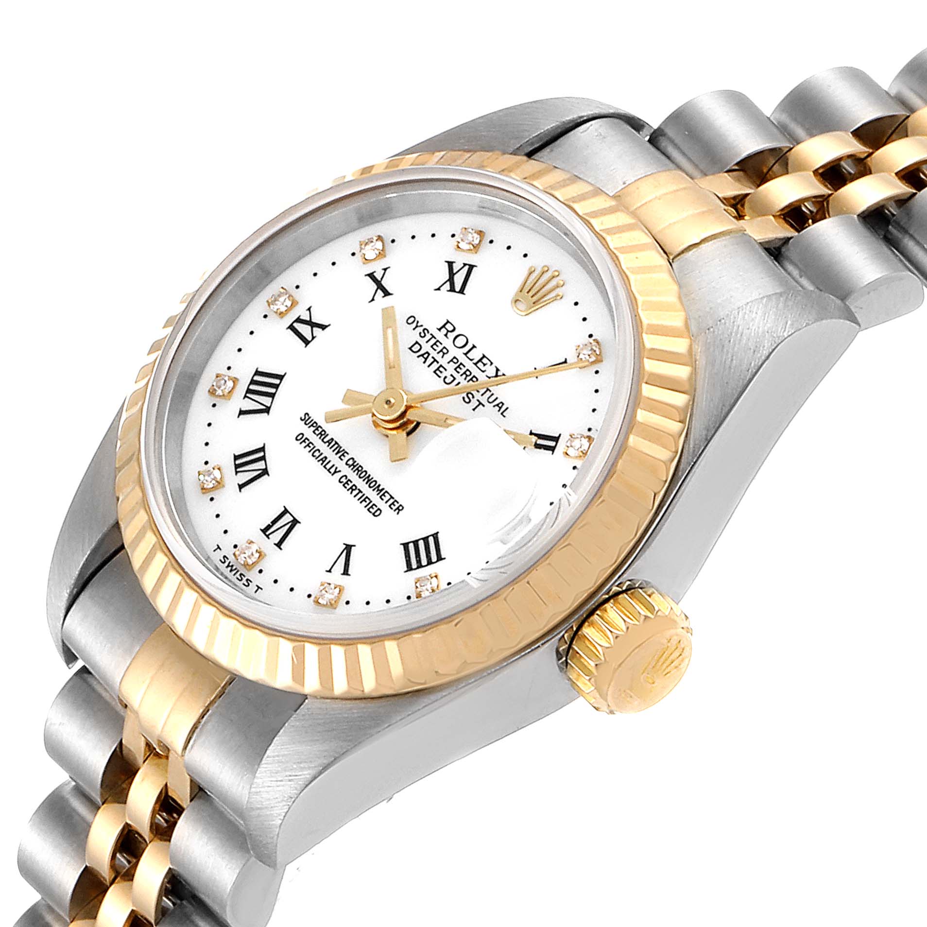 The Rolex Datejust 69173 Women's Steel and Gold (two tone) White Dial 69173 Women's Steel and Gold (two tone) White Dial watch is displayed at an oblique angle, showcasing the dial, bezel, crown, and part of the bracelet.
