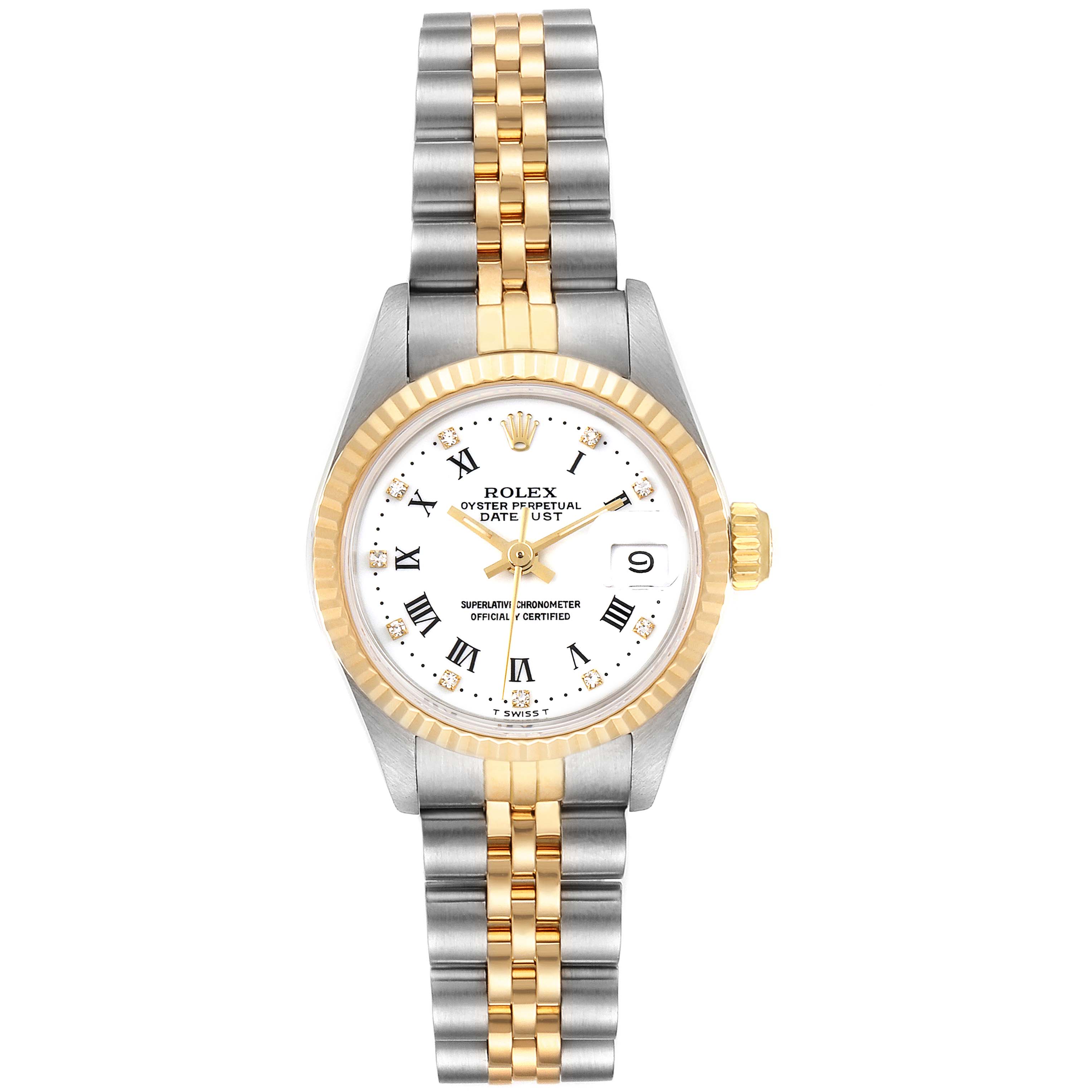 The Rolex Datejust 69173 Women's Steel and Gold (two tone) White Dial 69173 Women's Steel and Gold (two tone) White Dial watch is shown from a top-down angle, displaying its two-tone bracelet, white dial, and fluted bezel.