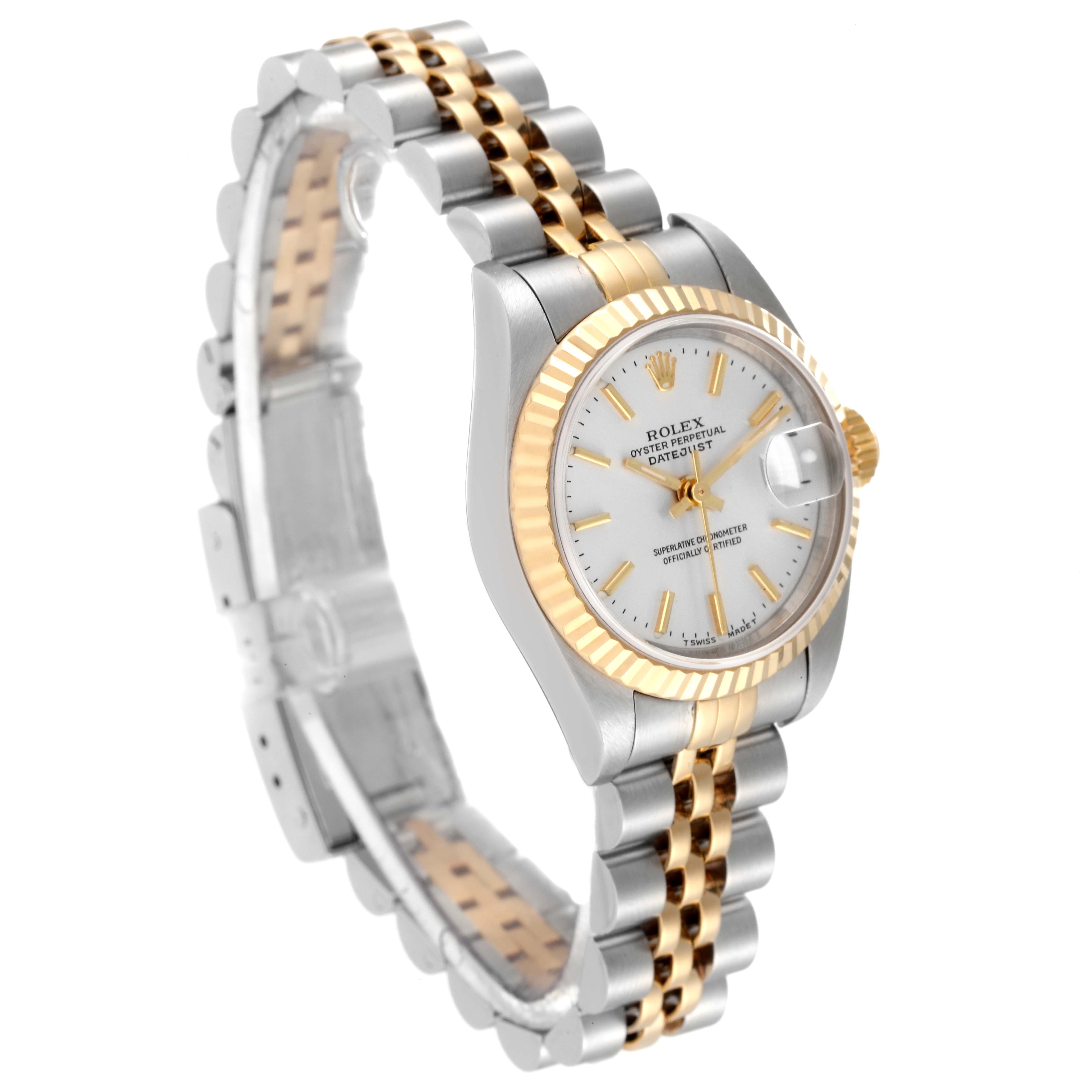 This image shows a side view of the Rolex Datejust 79173 Women's Steel and Gold (two tone) Silver Dial 79173 Women's Steel and Gold (two tone) Silver Dial watch, highlighting its two-tone bracelet, bezel, and face.