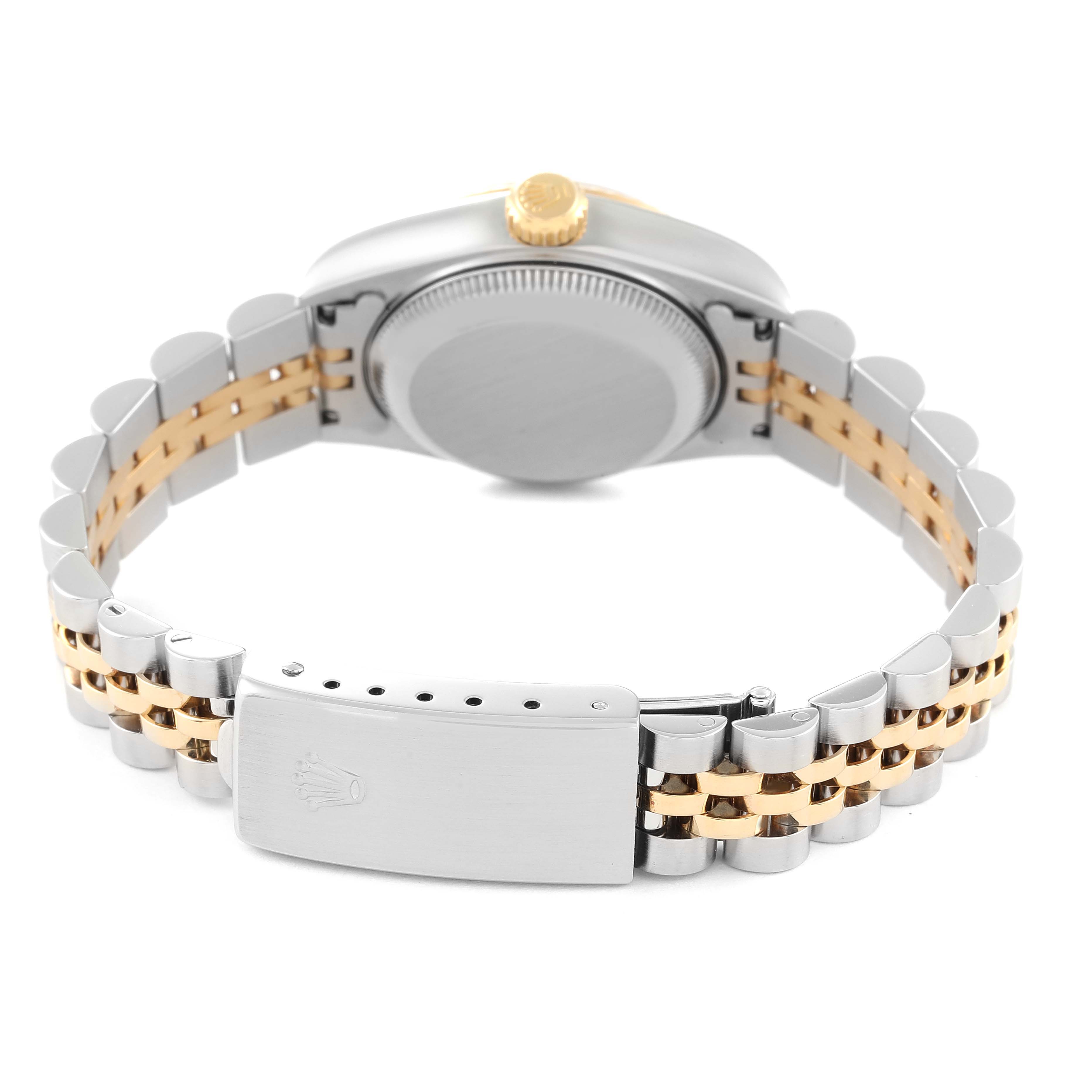 The image shows the back view of a Rolex Datejust 79173 Women's Steel and Gold (two tone) Silver Dial 79173 Women's Steel and Gold (two tone) Silver Dial watch, highlighting its case back, crown, and two-tone jubilee bracelet with a clasp.