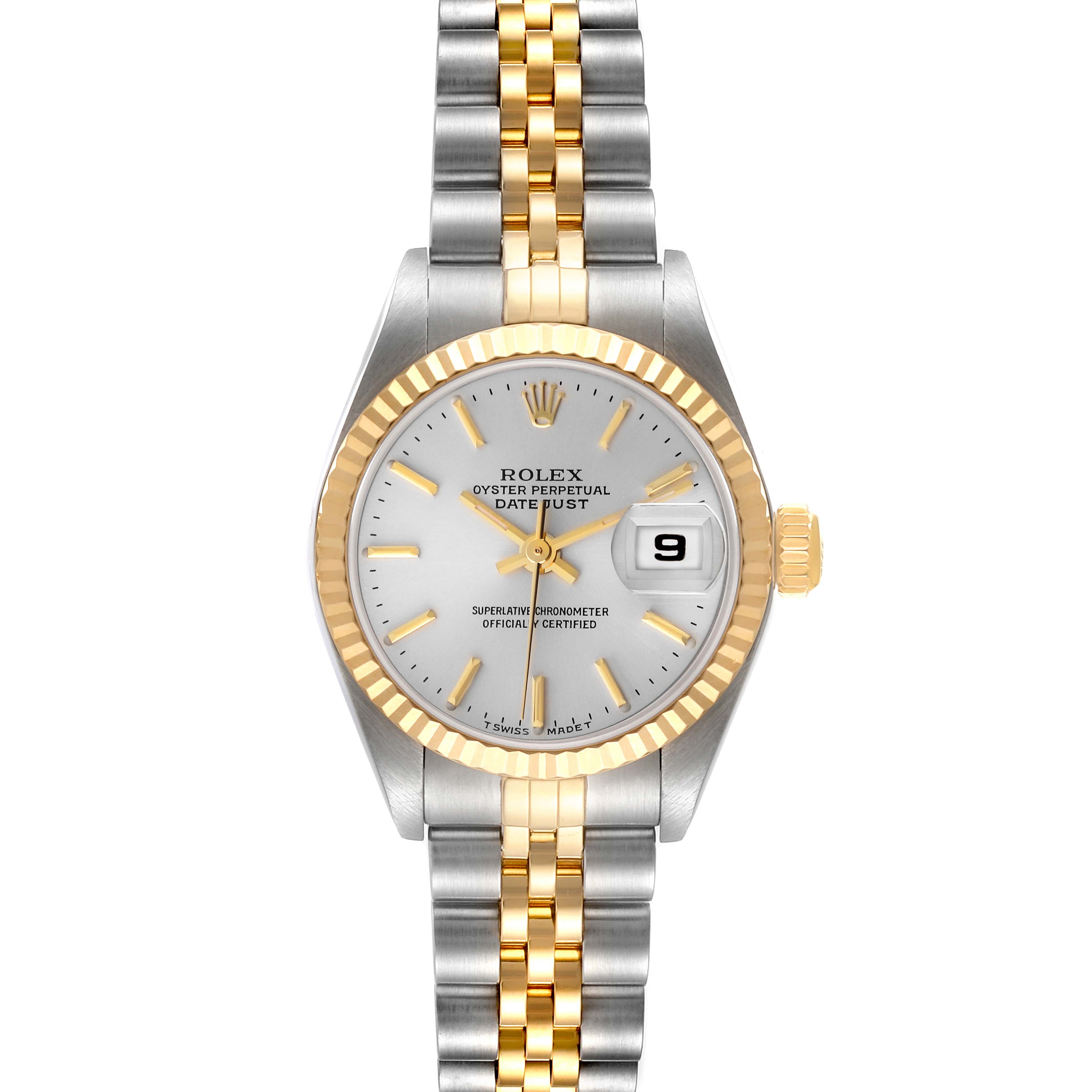 The image shows a front view of a Rolex Datejust 79173 Women's Steel and Gold (two tone) Silver Dial 79173 Women's Steel and Gold (two tone) Silver Dial watch with a two-tone metal bracelet and a white dial.