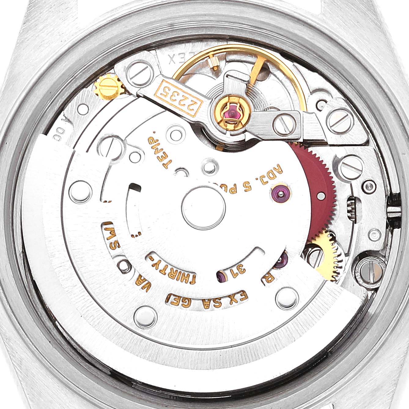 This image shows the inner mechanical movement components of a Rolex Datejust 79173 Women's Steel and Gold (two tone) Silver Dial 79173 Women's Steel and Gold (two tone) Silver Dial watch from a back view angle.