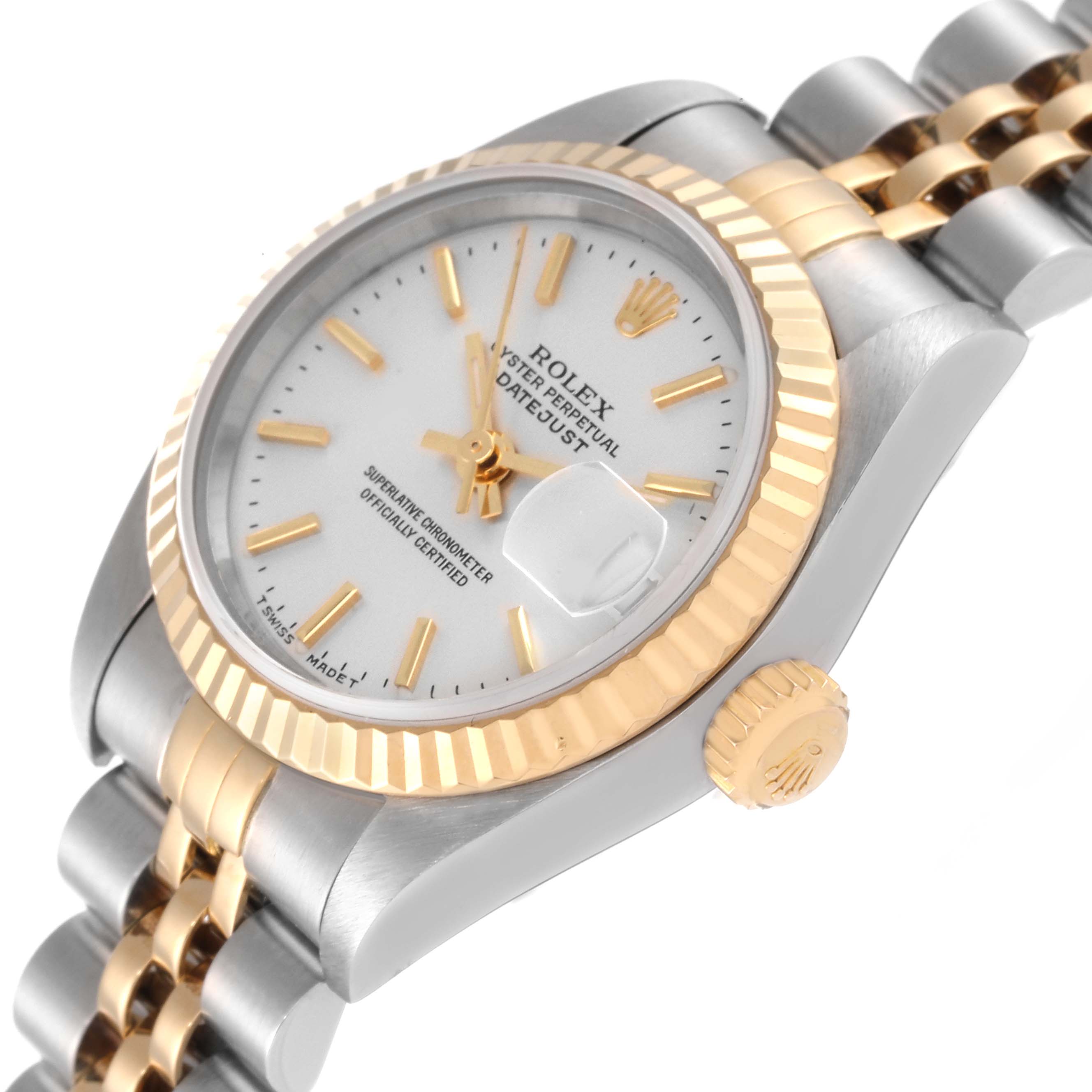 The image shows a Rolex Datejust 79173 Women's Steel and Gold (two tone) Silver Dial 79173 Women's Steel and Gold (two tone) Silver Dial watch from an angled perspective, highlighting the dial, crown, bezel, and part of the bracelet.