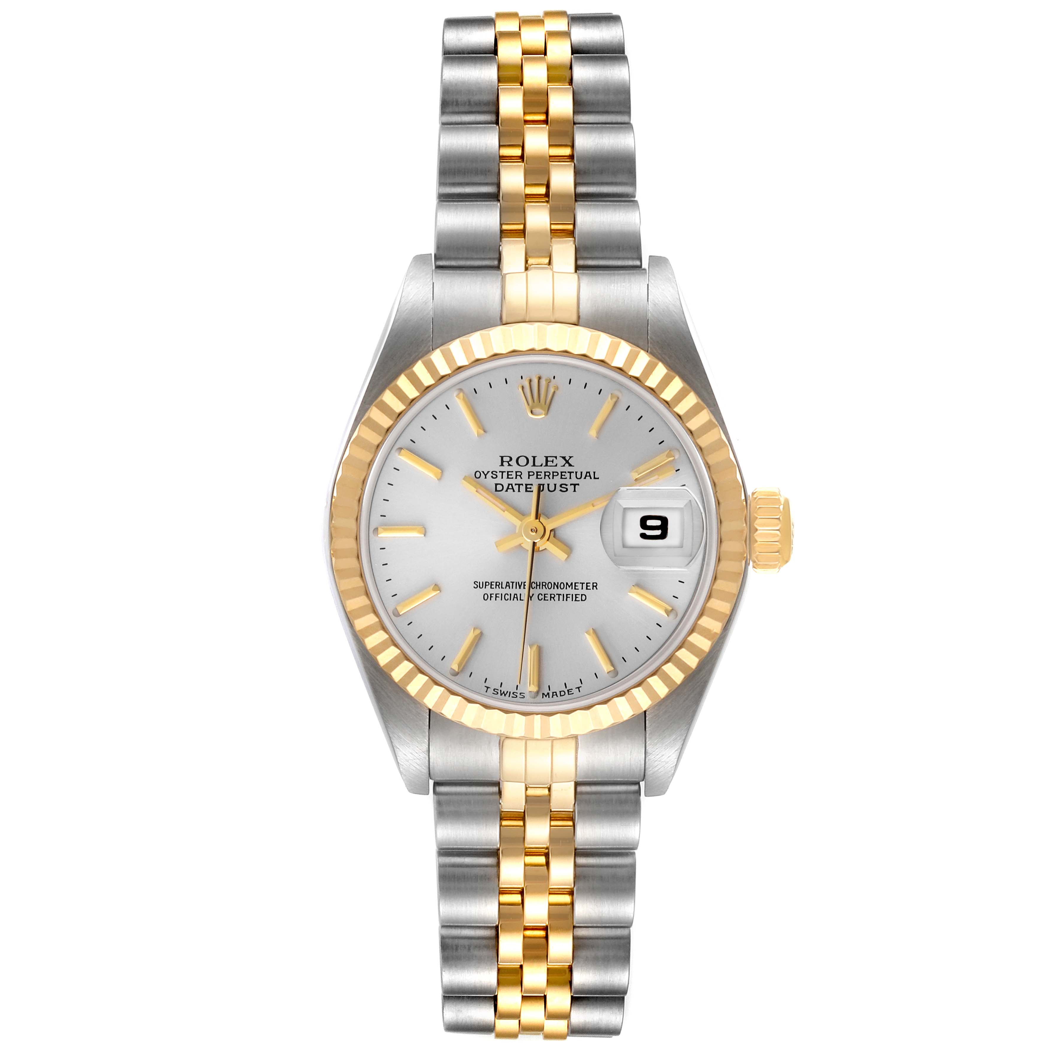 The Rolex Datejust 79173 Women's Steel and Gold (two tone) Silver Dial 79173 Women's Steel and Gold (two tone) Silver Dial watch is shown from a top-down angle, displaying the dial, bezel, and full bracelet.