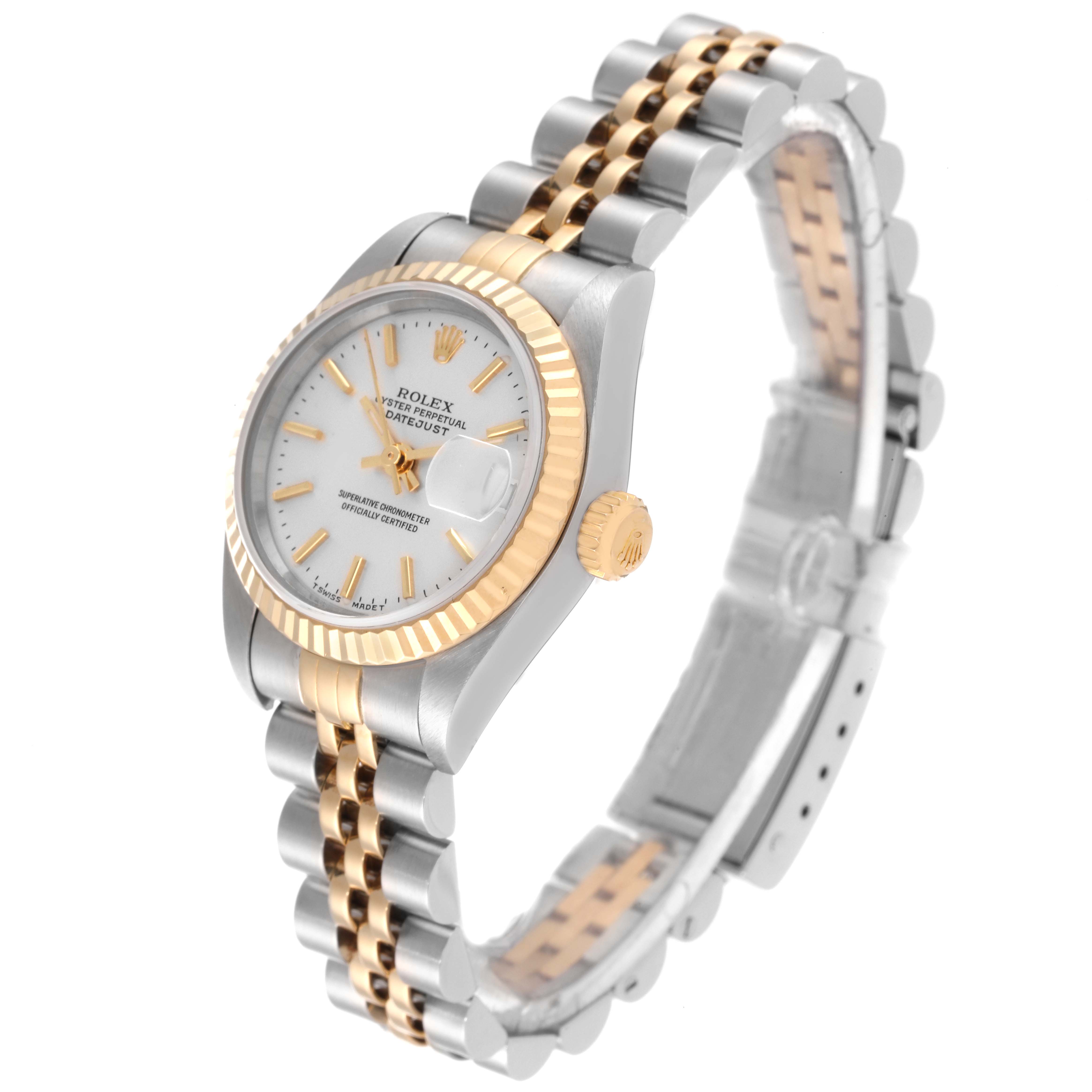 The Rolex Datejust 79173 Women's Steel and Gold (two tone) Silver Dial 79173 Women's Steel and Gold (two tone) Silver Dial watch is shown at a three-quarter angle, displaying the dial, bezel, bracelet, and crown.
