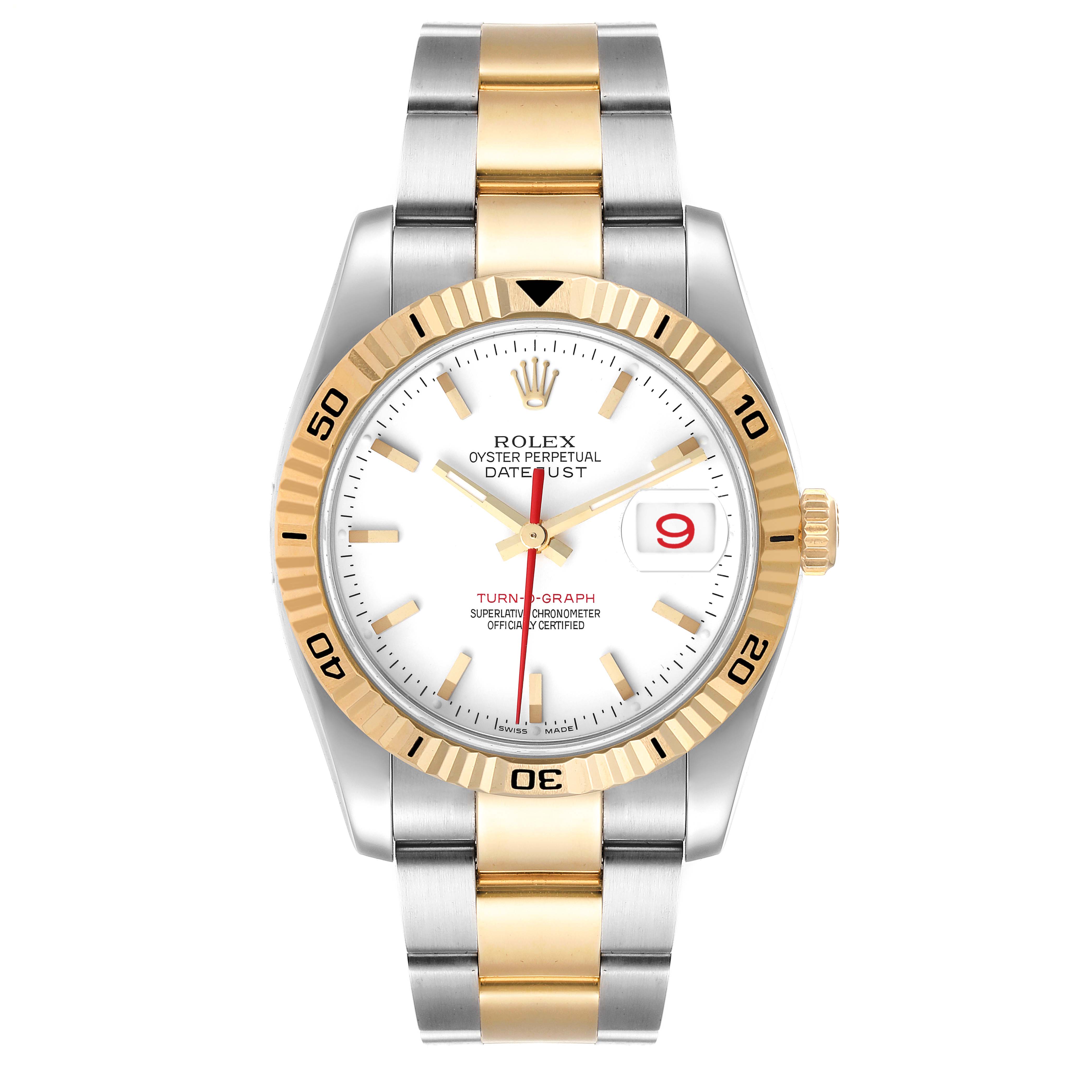 The Rolex Turn-o-Graph 116263 Men
s Steel and Gold (two tone) White Dial 116263 Men
s Steel and Gold (two tone) White Dial watch is shown from a front angle, highlighting its dial, bezel, and two-tone bracelet.