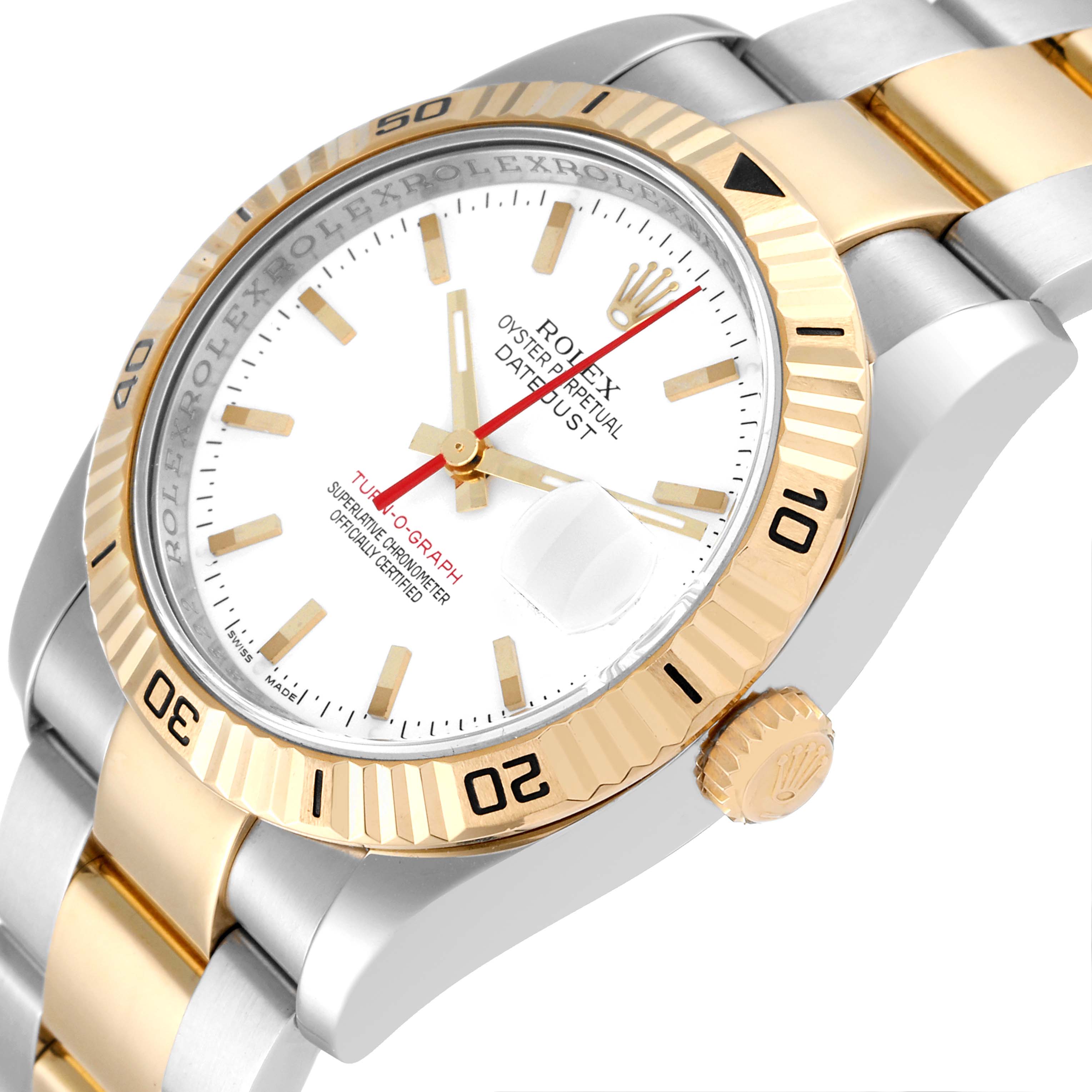 This image shows the face, bezel, crown, and part of the bracelet of a Rolex Turn-o-Graph 116263 Men
s Steel and Gold (two tone) White Dial 116263 Men
s Steel and Gold (two tone) White Dial watch at an angle.