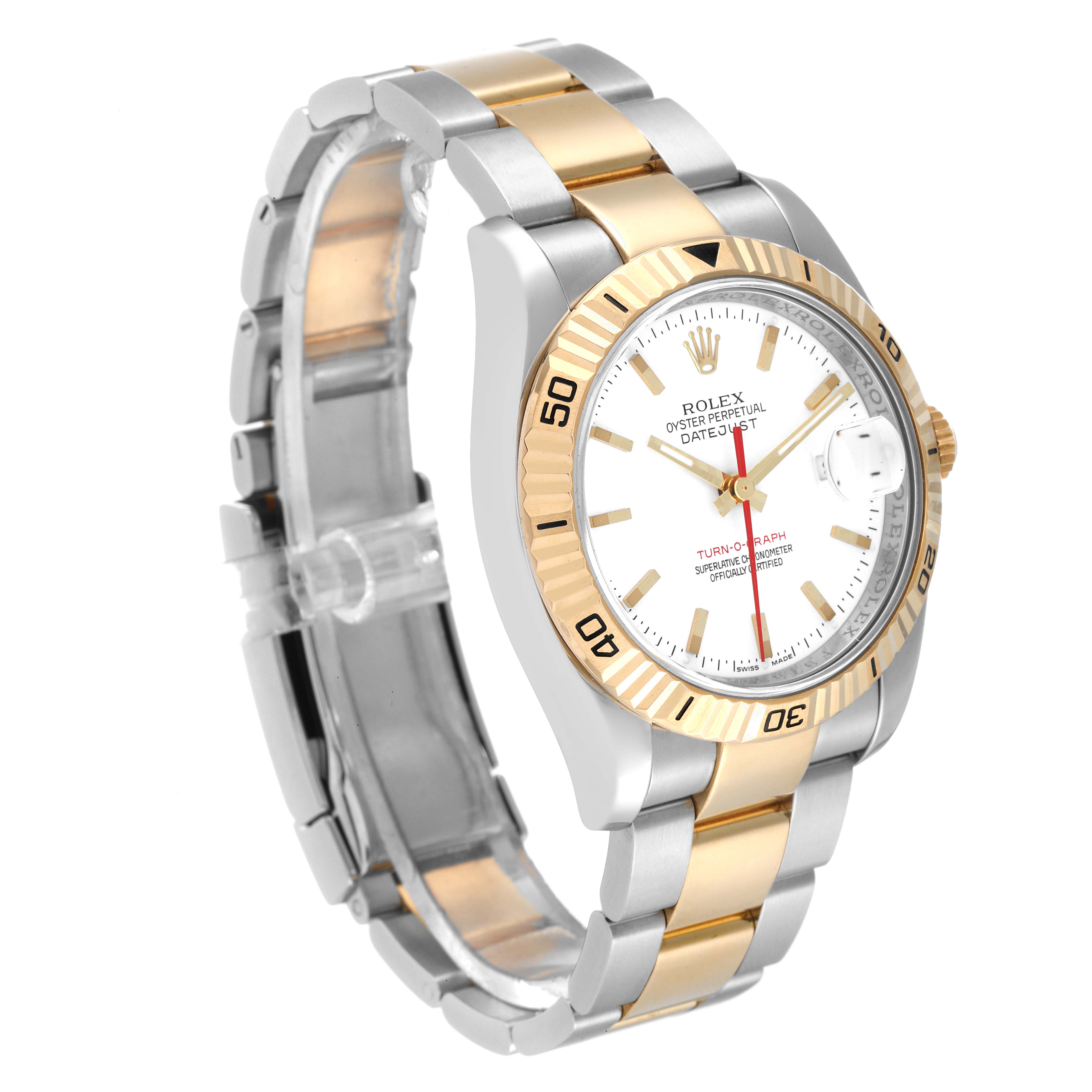 The image shows a Rolex Turn-o-Graph 116263 Men
s Steel and Gold (two tone) White Dial 116263 Men
s Steel and Gold (two tone) White Dial watch at a three-quarter angle, highlighting its gold bezel, white dial, and two-tone bracelet.