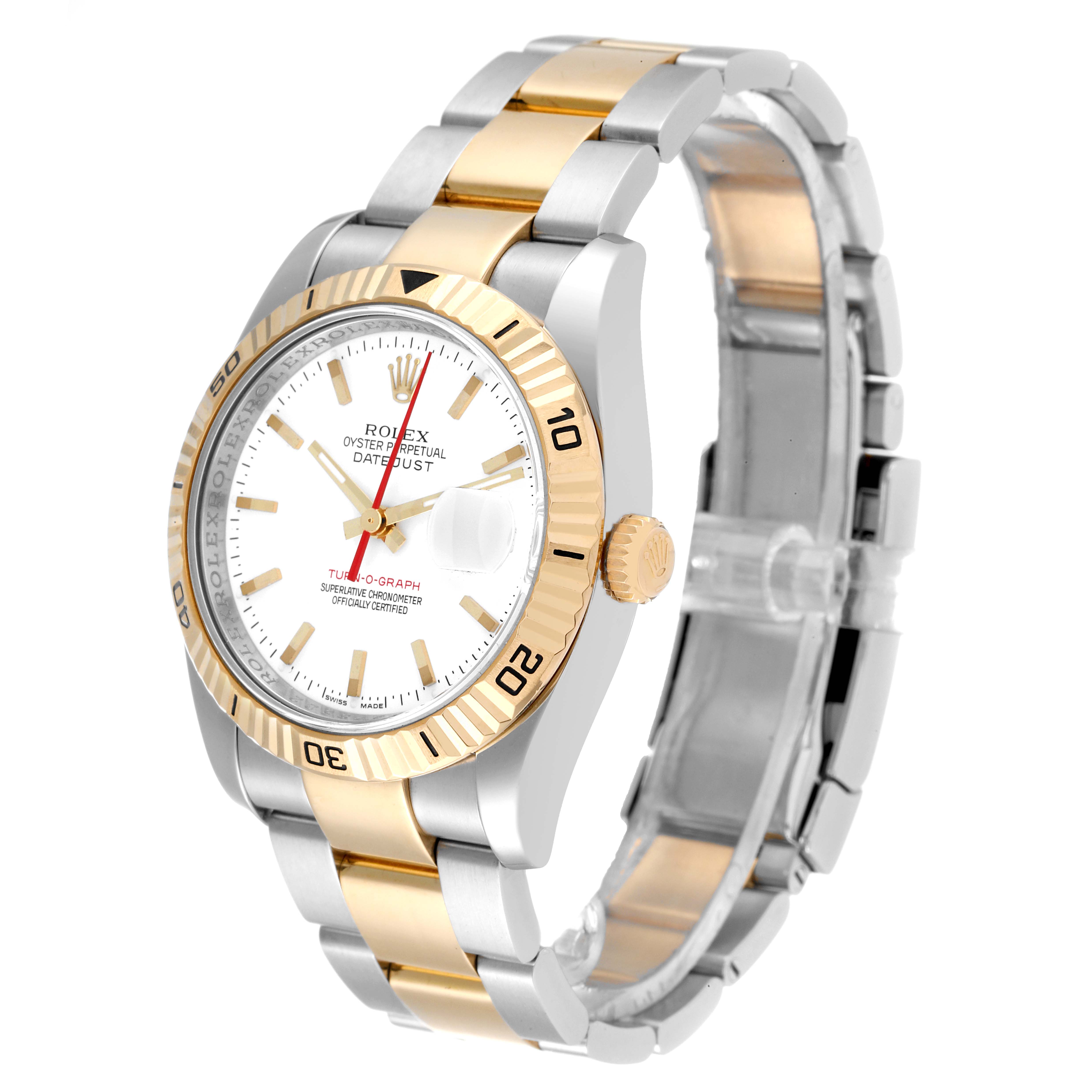 The image shows a Rolex Turn-o-Graph 116263 Men
s Steel and Gold (two tone) White Dial 116263 Men
s Steel and Gold (two tone) White Dial watch from an angled view, highlighting the dial, bezel, and bracelet.