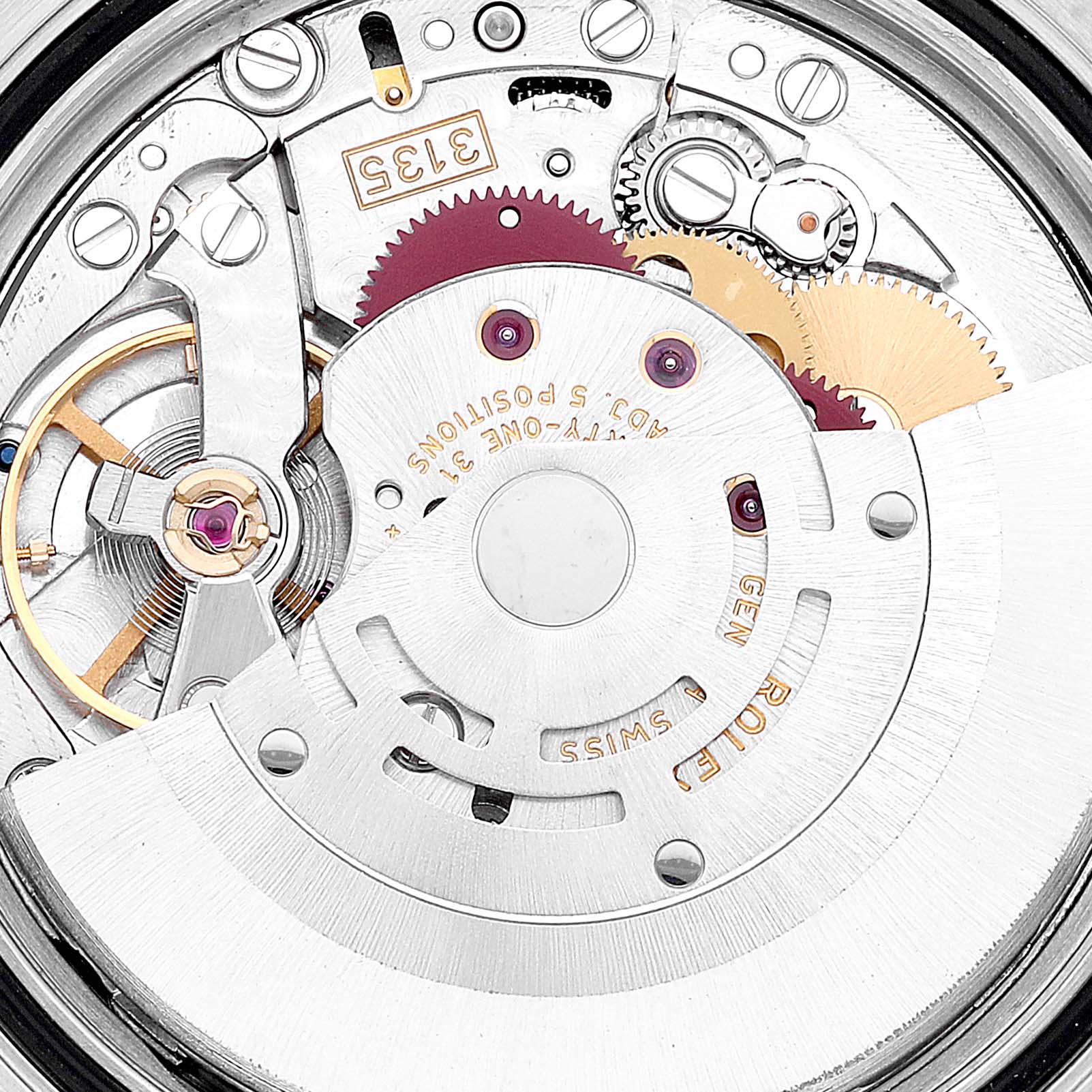 This is a close-up view displaying the movement mechanics of a Rolex Turn-o-Graph 116263 Men
s Steel and Gold (two tone) White Dial 116263 Men
s Steel and Gold (two tone) White Dial watch.