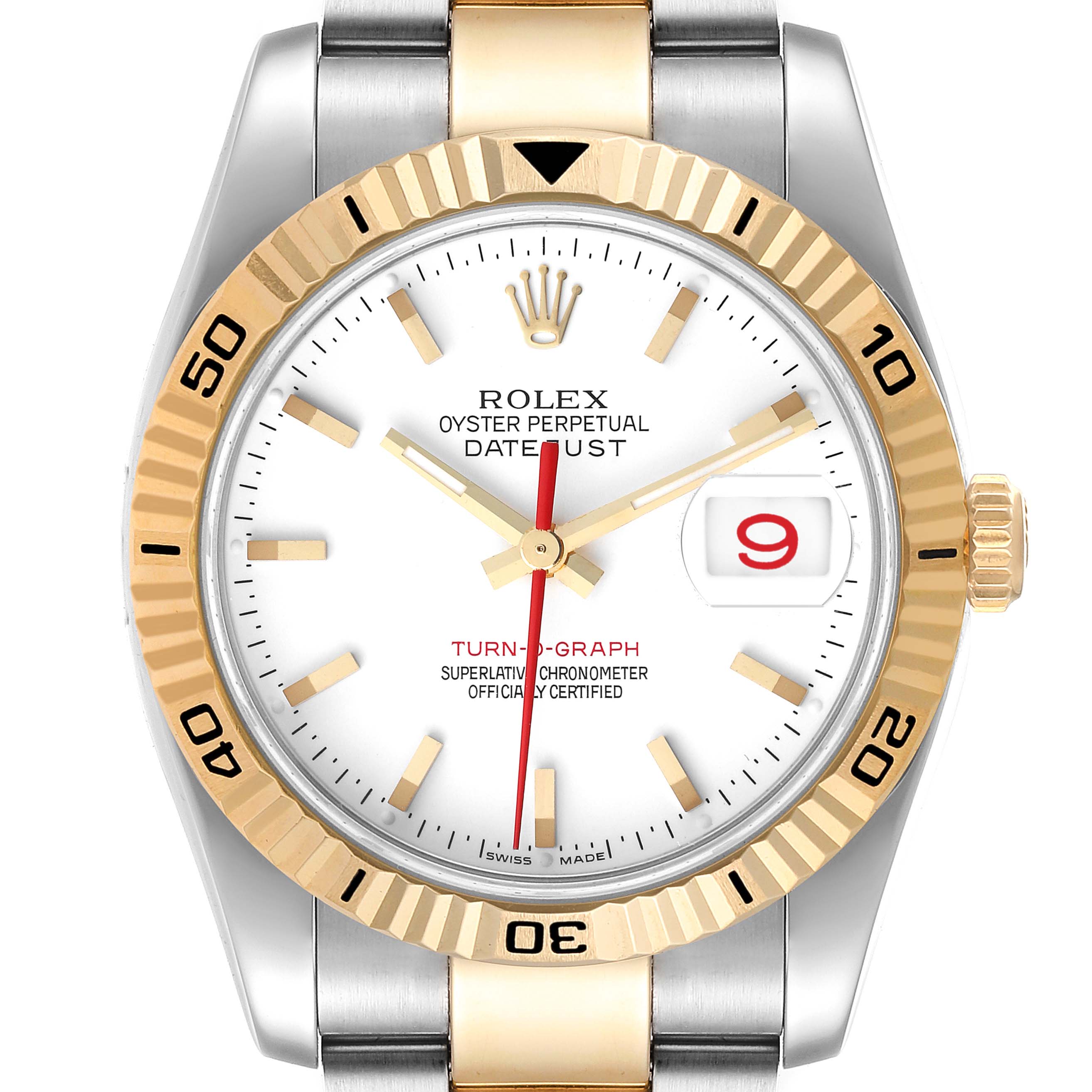 This image shows a front view of the Rolex Turn-o-Graph 116263 Men
s Steel and Gold (two tone) White Dial 116263 Men
s Steel and Gold (two tone) White Dial watch, highlighting its bezel, dial, and bracelet.