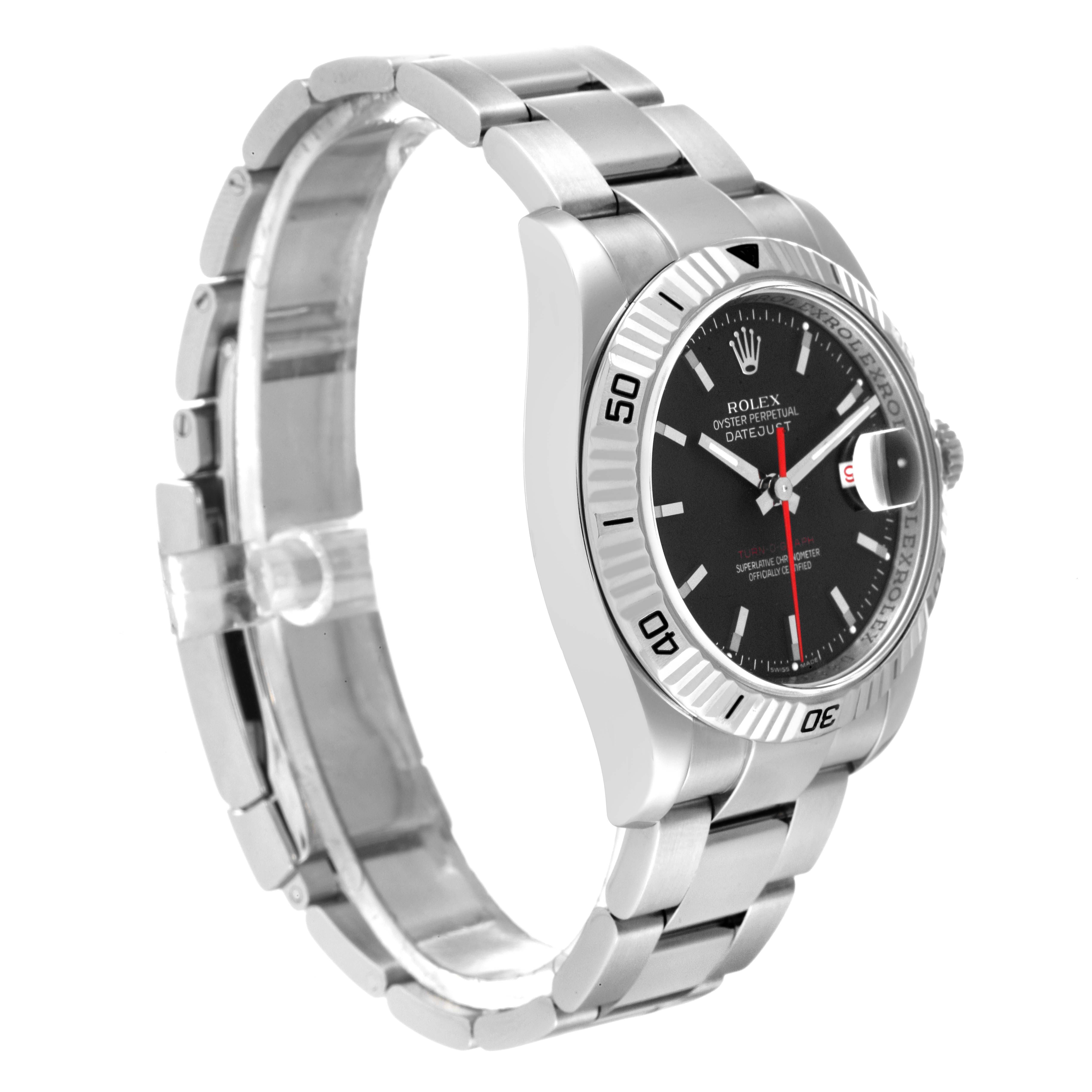 The Rolex Turn-o-Graph 116264 Men's Stainless Steel Black Dial 116264 Men's Stainless Steel Black Dial watch is shown at a front angle, displaying its face, bezel, crown, and metal bracelet.