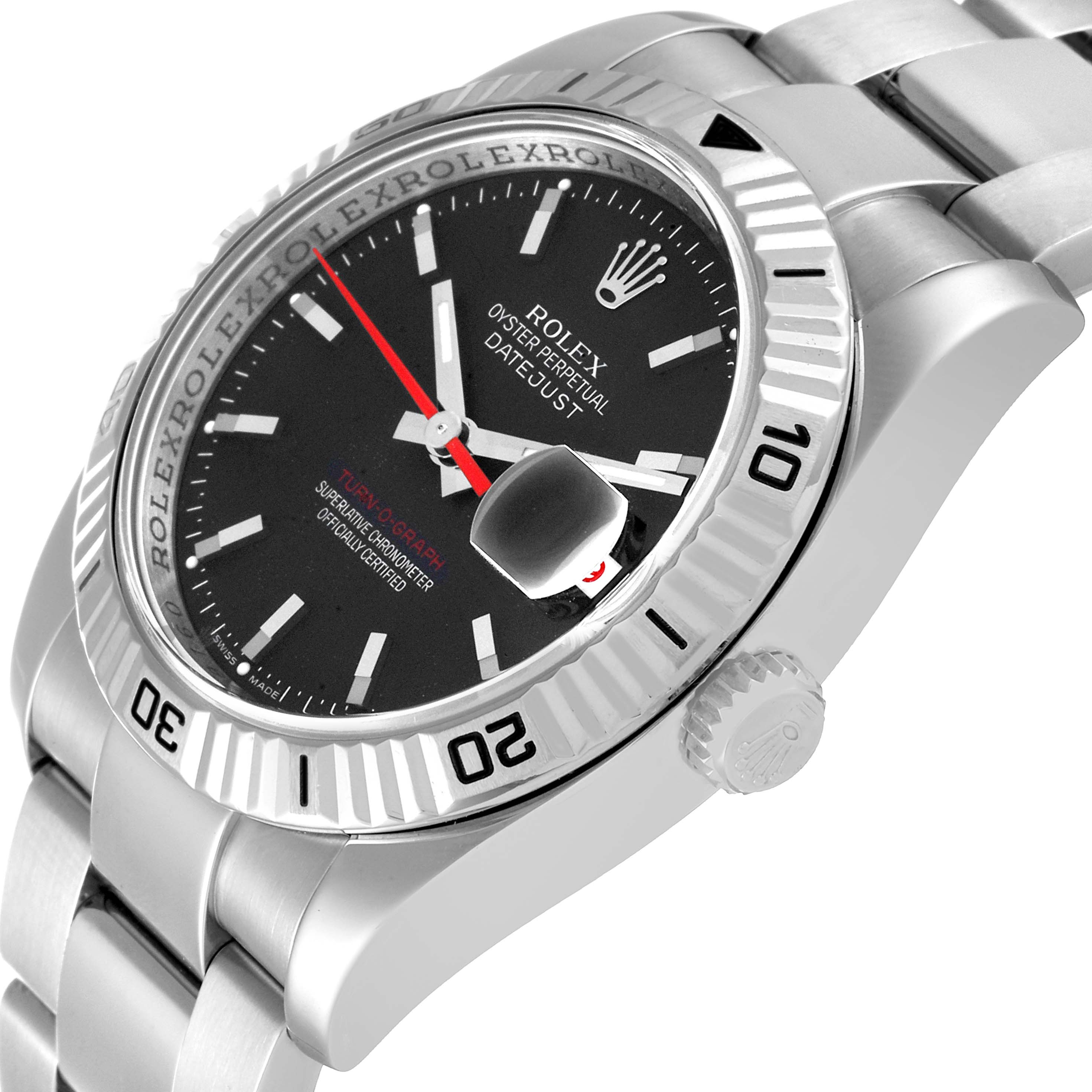 The image shows a side view of the Rolex Turn-o-Graph 116264 Men's Stainless Steel Black Dial 116264 Men's Stainless Steel Black Dial watch, highlighting the bracelet, crown, bezel, and part of the dial.