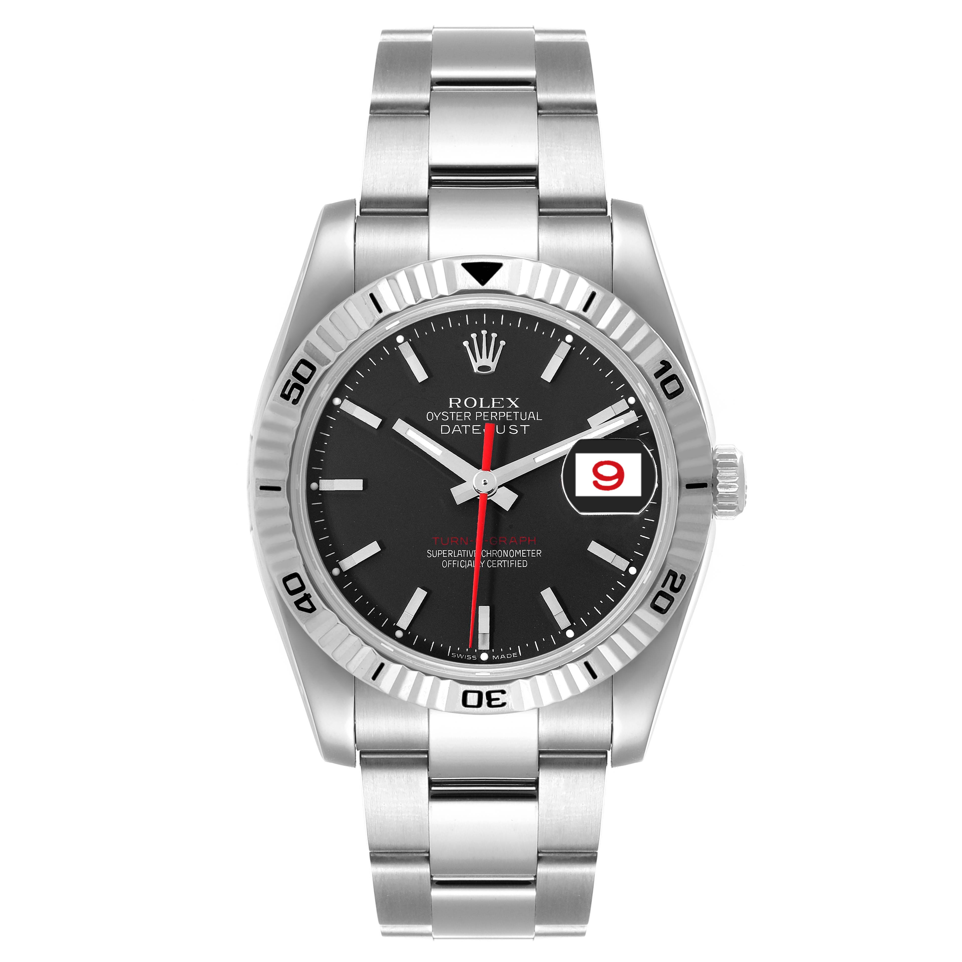 The image shows a front view of the Rolex Turn-o-Graph 116264 Men's Stainless Steel Black Dial 116264 Men's Stainless Steel Black Dial watch, displaying the dial, bezel, and bracelet.