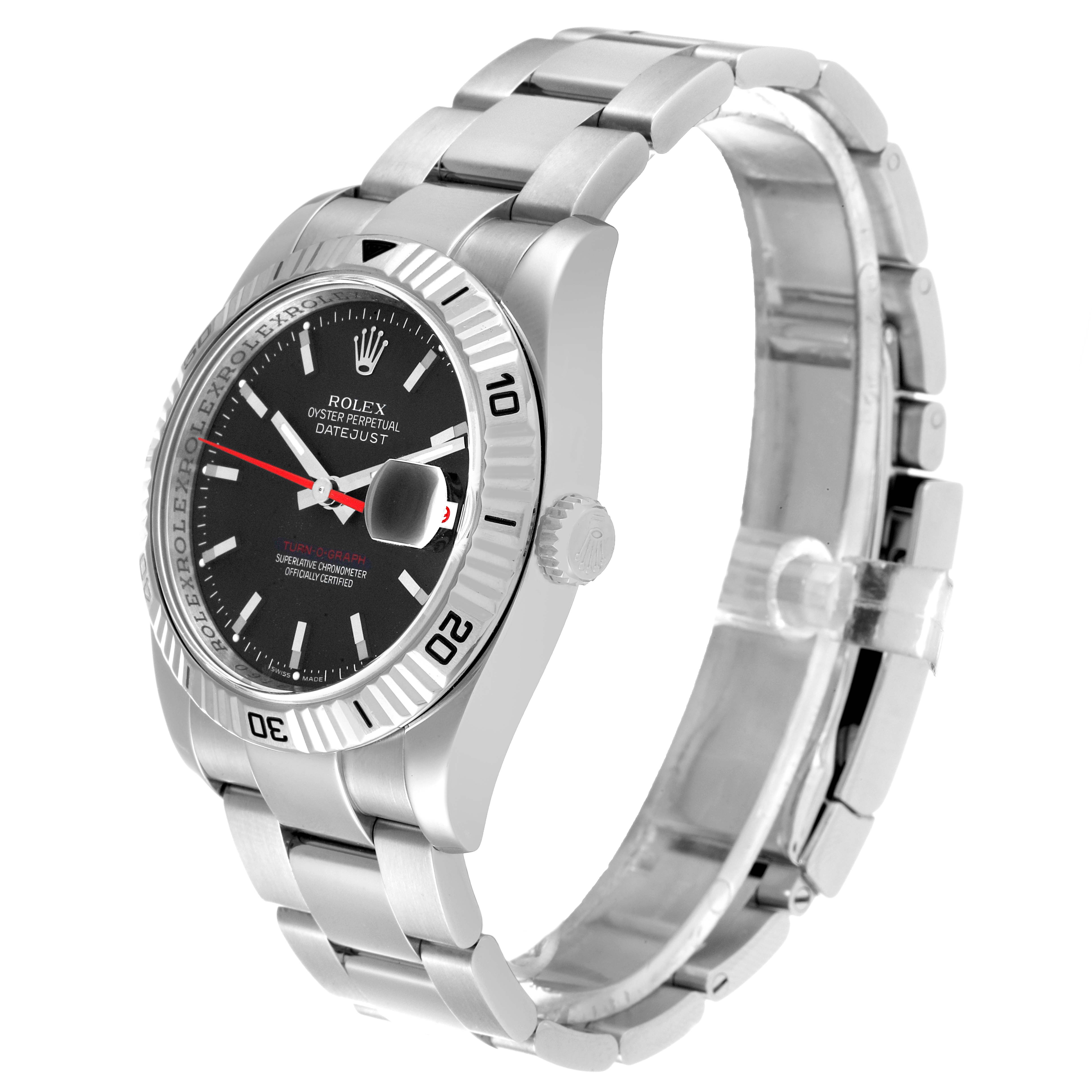 The image shows a Rolex Turn-o-Graph 116264 Men's Stainless Steel Black Dial 116264 Men's Stainless Steel Black Dial watch at a three-quarter angle, highlighting the dial, bezel, crown, and bracelet.