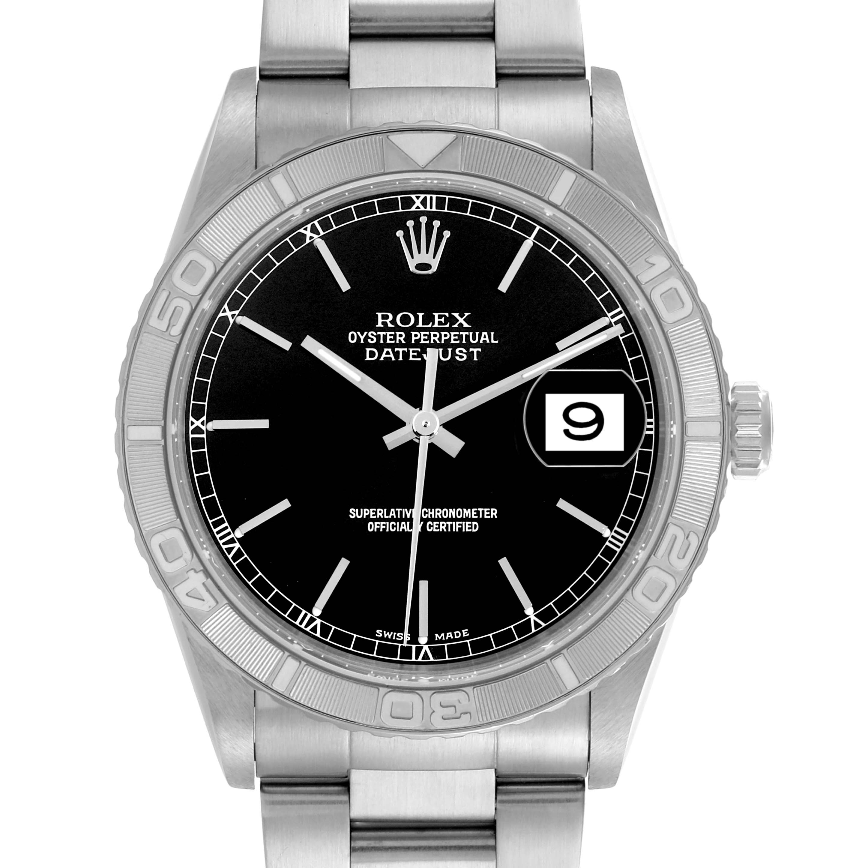 The Rolex Turn-o-Graph 16264 Men's Stainless Steel Black Dial 16264 Men's Stainless Steel Black Dial watch is displayed from the front, showing its bezel, dial, hands, and bracelet.