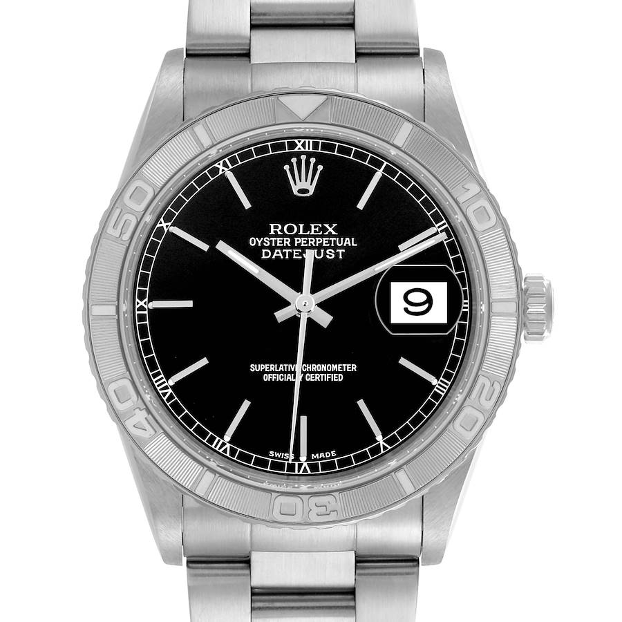 The Rolex Turn-o-Graph watch is displayed from the front, showing its bezel, dial, hands, and bracelet.