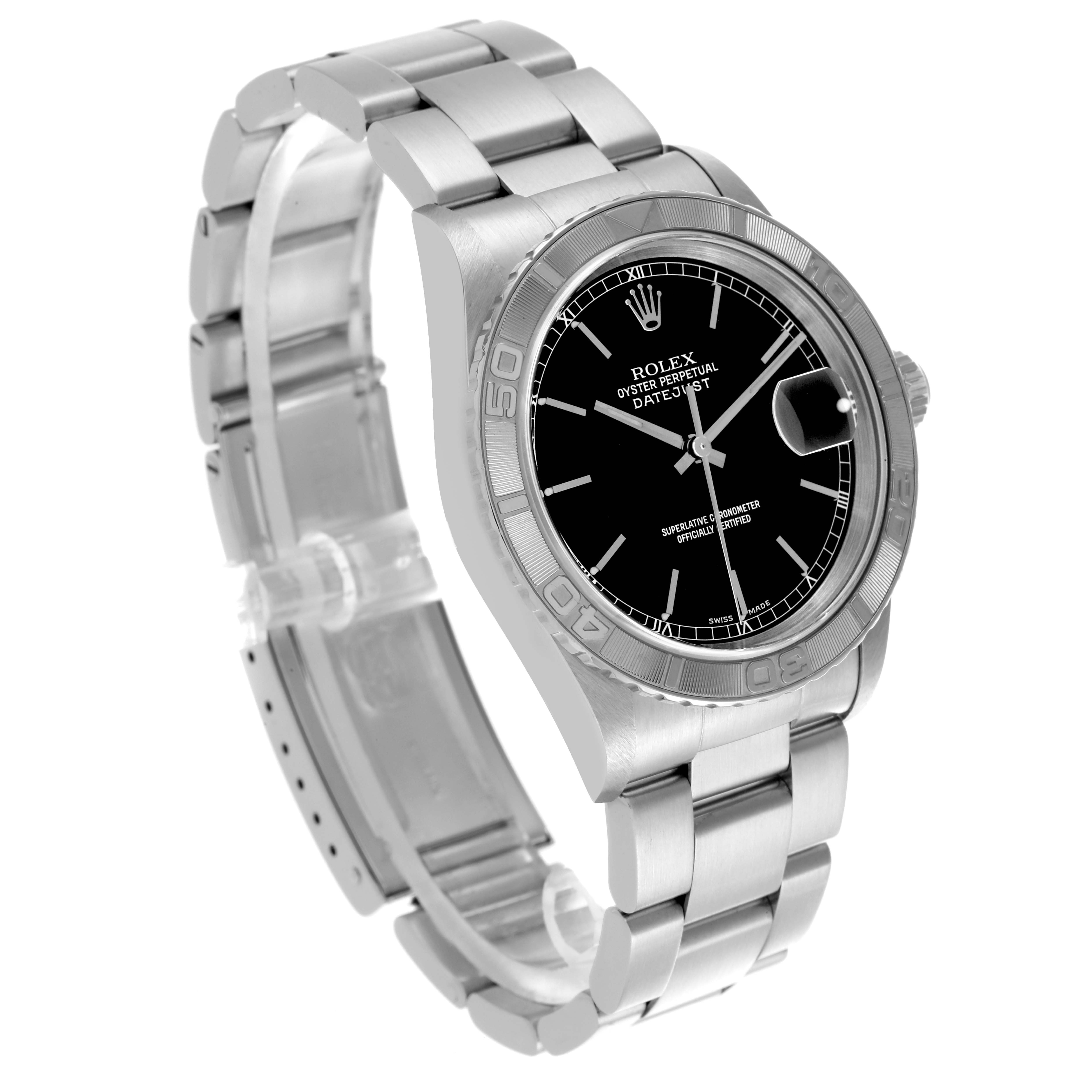 The Rolex Turn-o-Graph 16264 Men's Stainless Steel Black Dial 16264 Men's Stainless Steel Black Dial model is shown at an angle, displaying the face, bezel, and bracelet clearly.