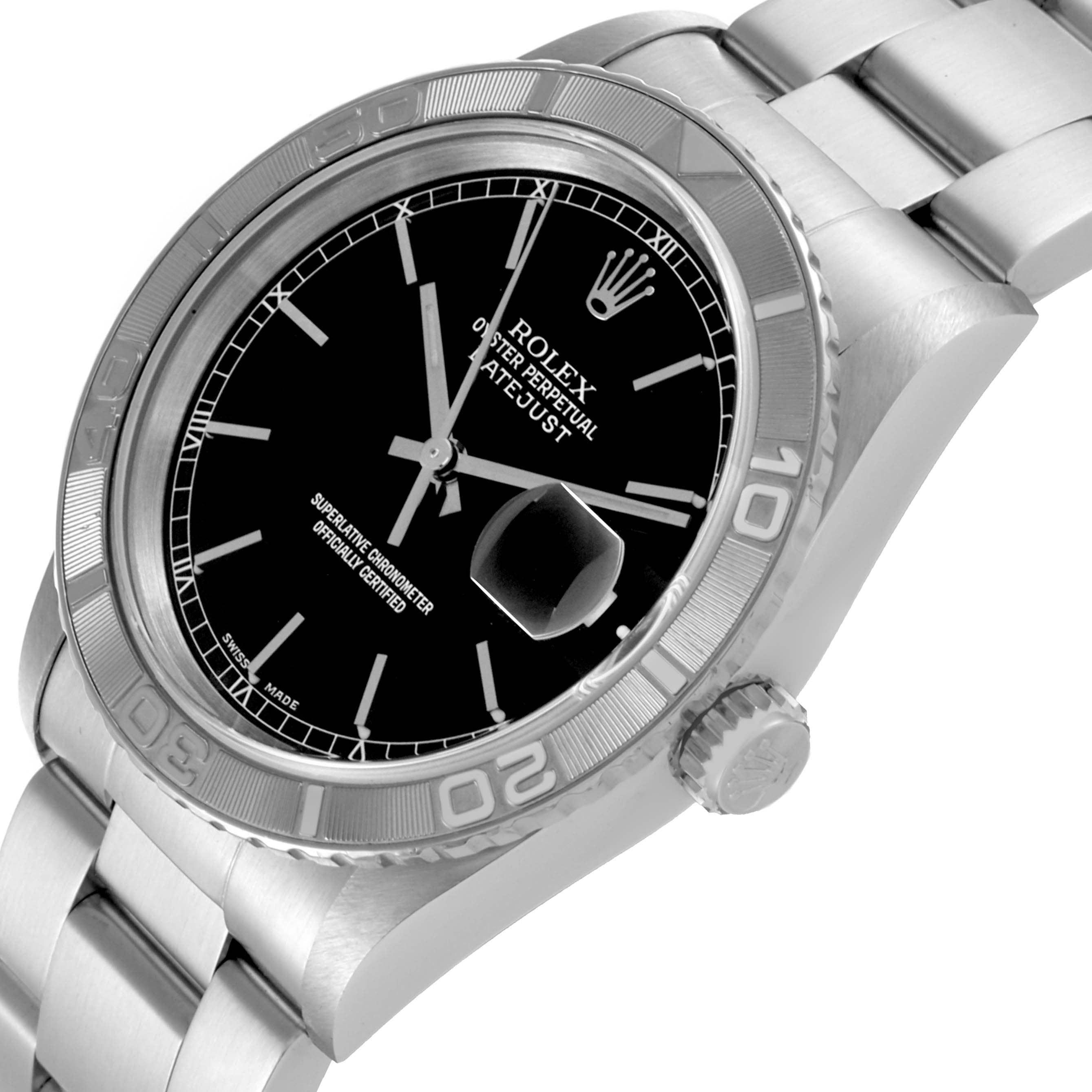 The Rolex Turn-o-Graph 16264 Men's Stainless Steel Black Dial 16264 Men's Stainless Steel Black Dial is shown at an angled side view, highlighting the bezel, dial, crown, and bracelet links.
