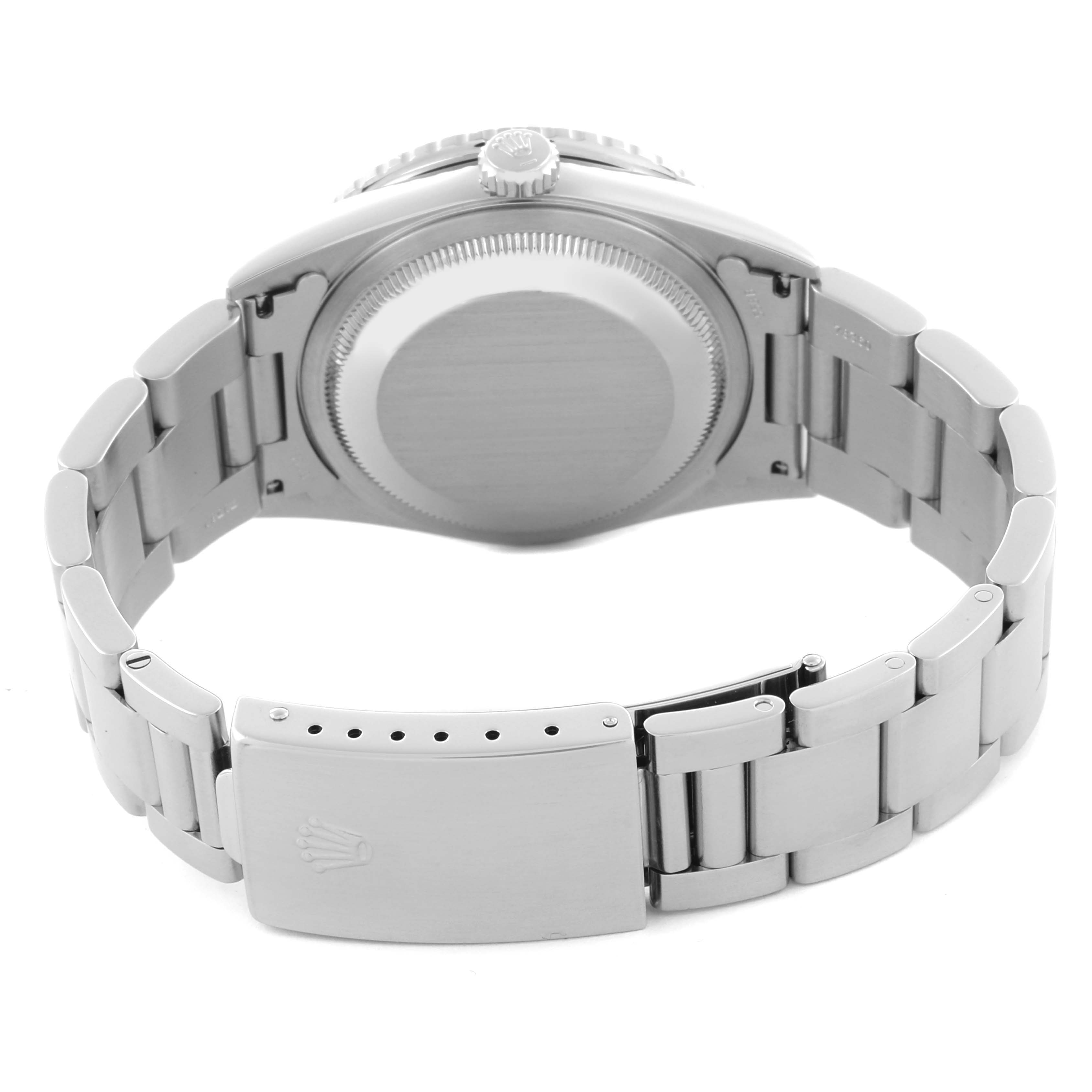 The image shows the Rolex Turn-o-Graph 16264 Men's Stainless Steel Black Dial 16264 Men's Stainless Steel Black Dial watch from the back, displaying the case back, crown, and bracelet clasp.