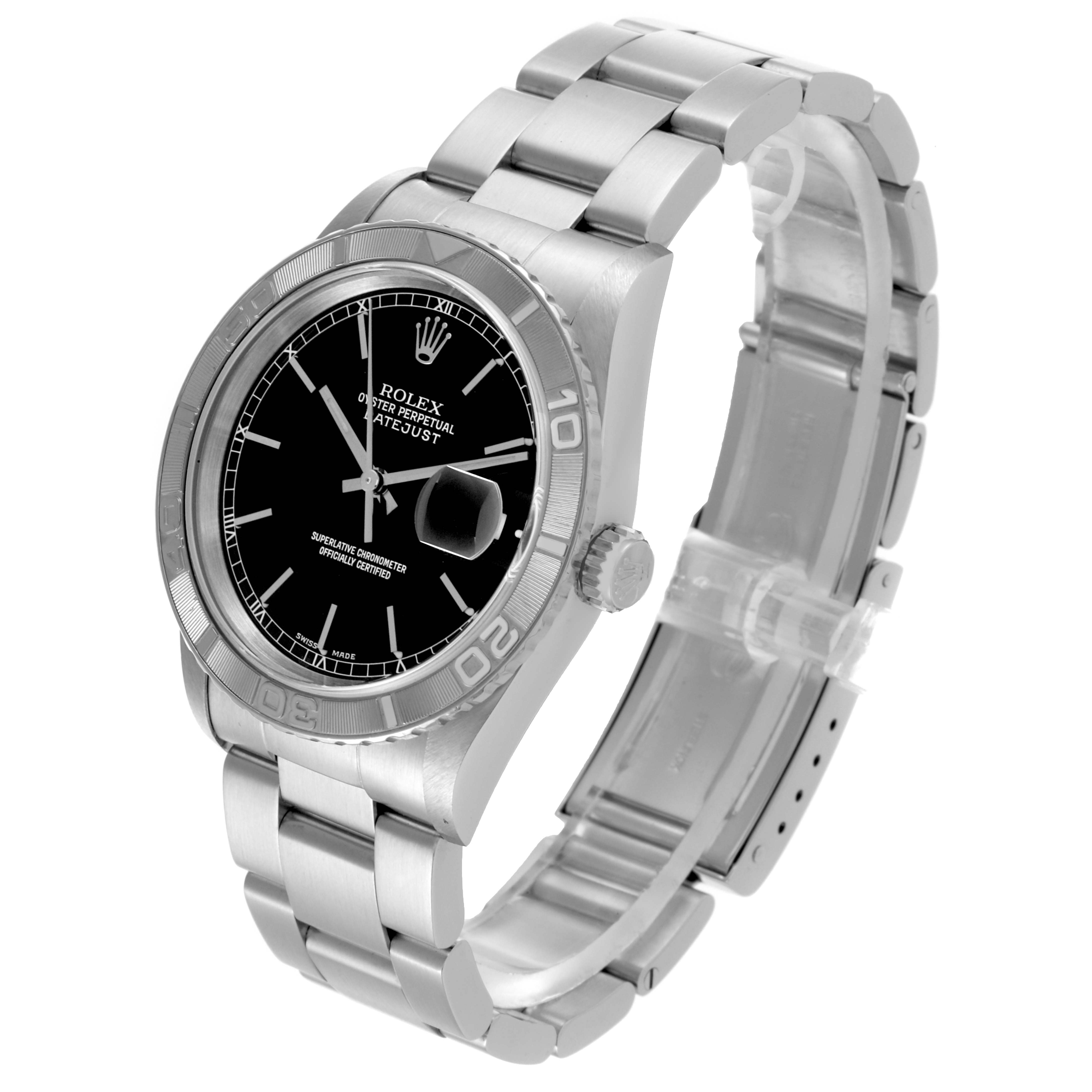 The Rolex Turn-o-Graph 16264 Men's Stainless Steel Black Dial 16264 Men's Stainless Steel Black Dial watch is shown at a three-quarter angle highlighting the bezel, dial, crown, and bracelet.