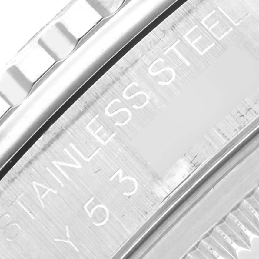 The image shows a close-up side view of the Rolex Turn-o-Graph 16264 Men's Stainless Steel Black Dial 16264 Men's Stainless Steel Black Dial watch, focusing on the stainless steel bezel and engraved text.