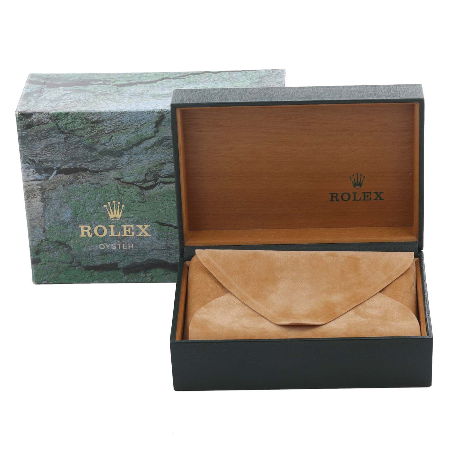 The image shows a Rolex Turn-o-Graph 16264 Men's Stainless Steel Black Dial 16264 Men's Stainless Steel Black Dial watch box and a suede pouch from a front angle.