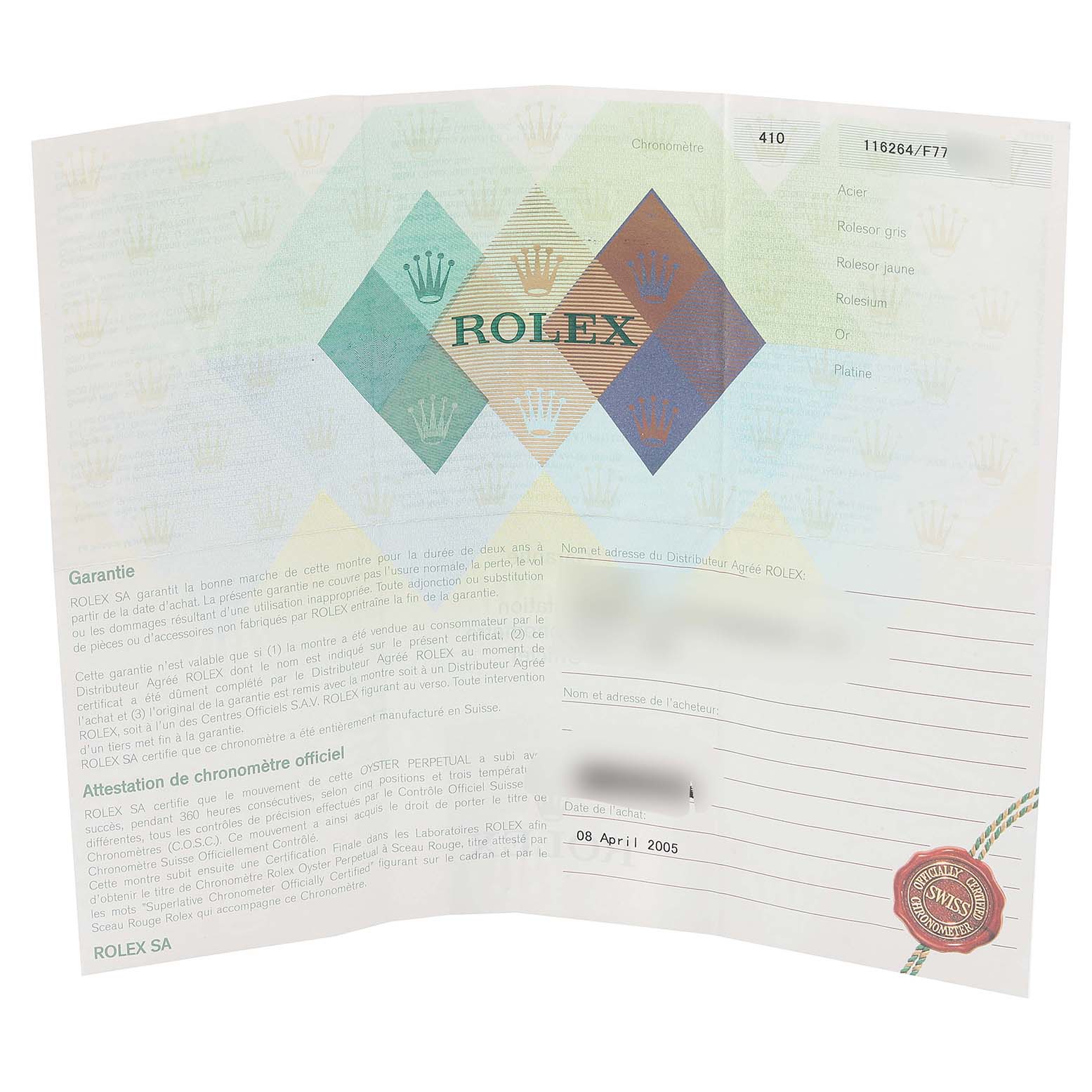 The image shows the warranty paperwork for a Rolex Turn-o-Graph 116264 Men
s Stainless Steel Blue Dial 116264 Men
s Stainless Steel Blue Dial model, with various details and official markings visible.