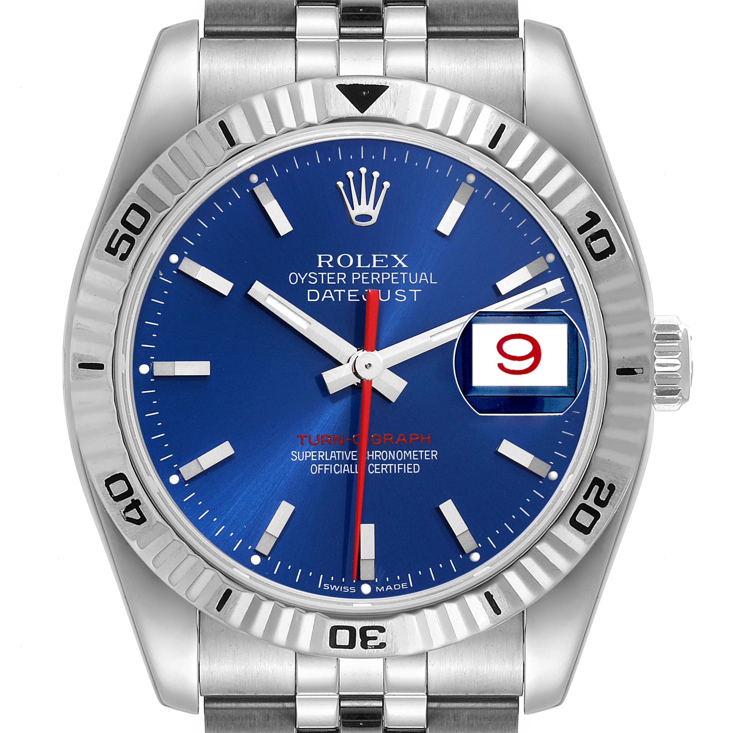 This image shows a front view of a Rolex Turn-o-Graph 116264 Men
s Stainless Steel Blue Dial 116264 Men
s Stainless Steel Blue Dial watch, featuring the face, bezel, crown, and part of the bracelet.