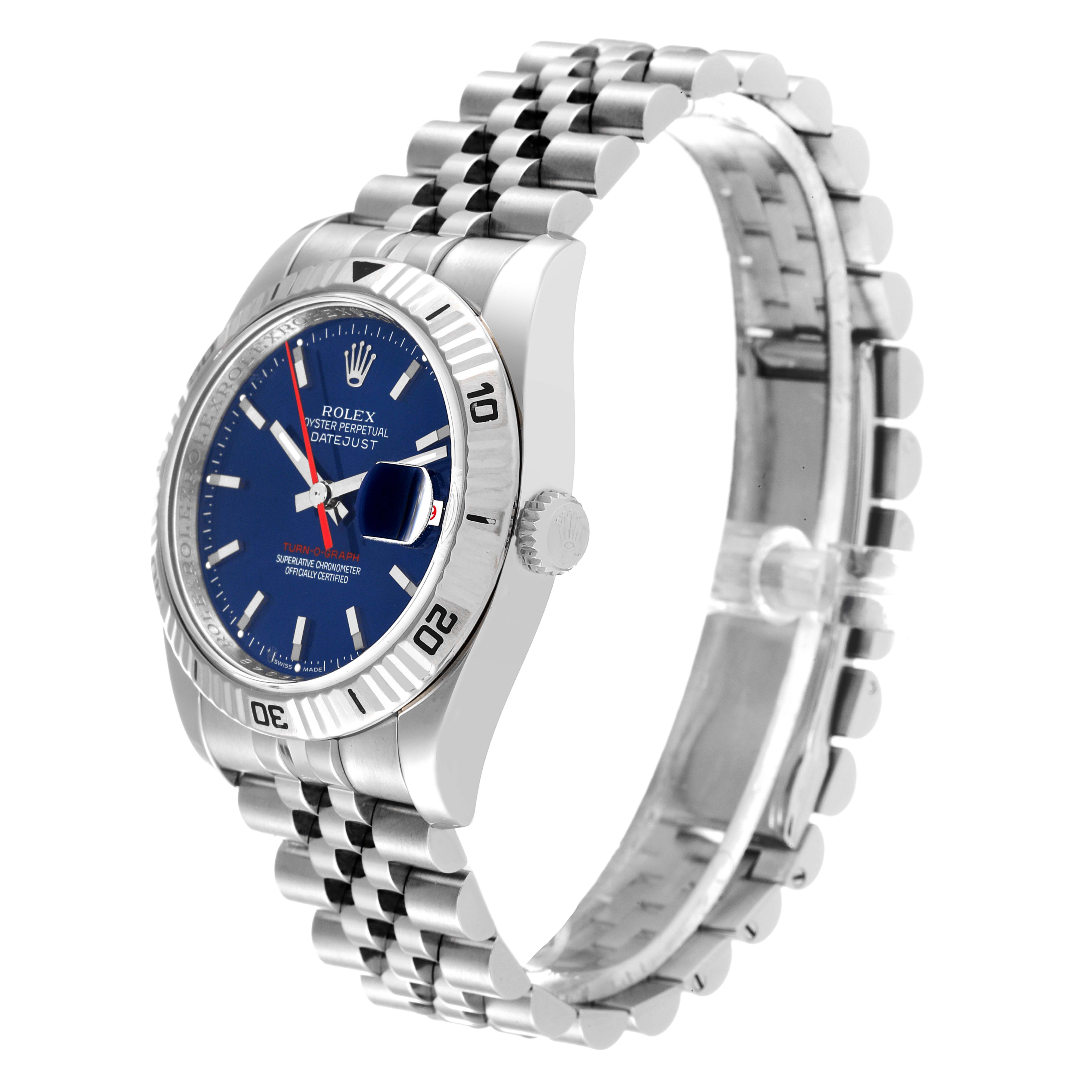 This image shows a side angle of the Rolex Turn-o-Graph 116264 Men
s Stainless Steel Blue Dial 116264 Men
s Stainless Steel Blue Dial watch, highlighting its blue dial, bezel, and metal bracelet.