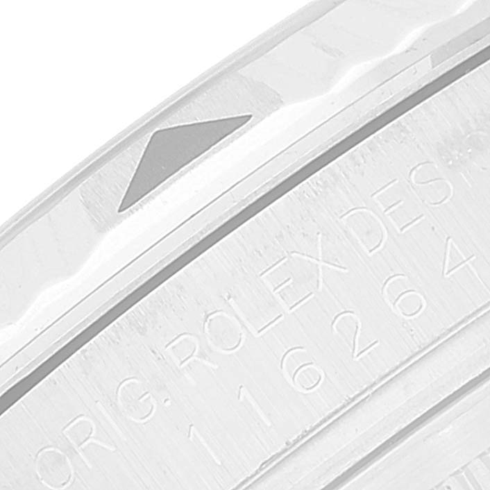 The image shows a close-up of the bezel and engraved details of a Rolex Turn-o-Graph 116264 Men
s Stainless Steel Blue Dial 116264 Men
s Stainless Steel Blue Dial watch.