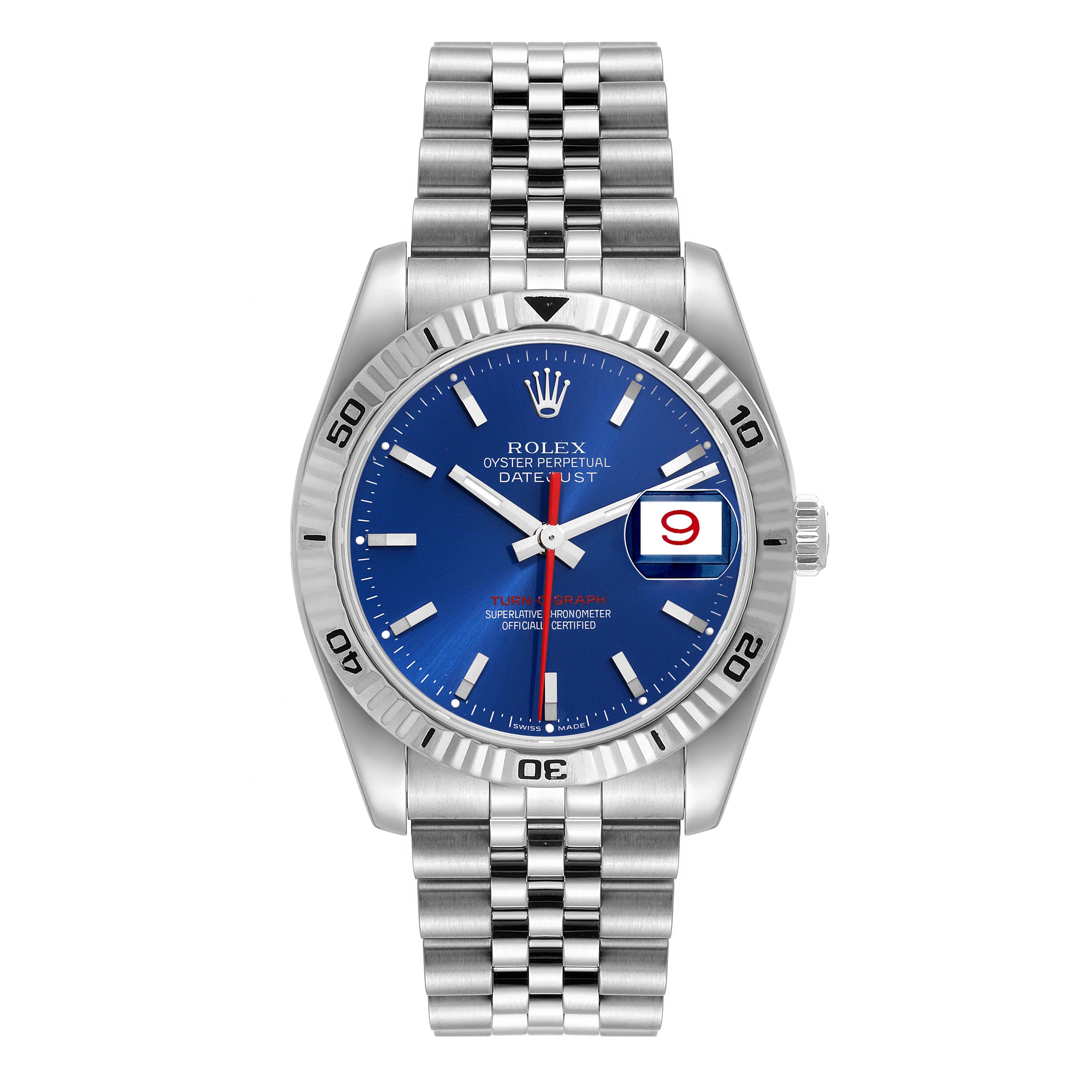 This image shows a Rolex Turn-o-Graph 116264 Men
s Stainless Steel Blue Dial 116264 Men
s Stainless Steel Blue Dial watch, viewed from the front, displaying the dial, date window, bezel, and bracelet.
