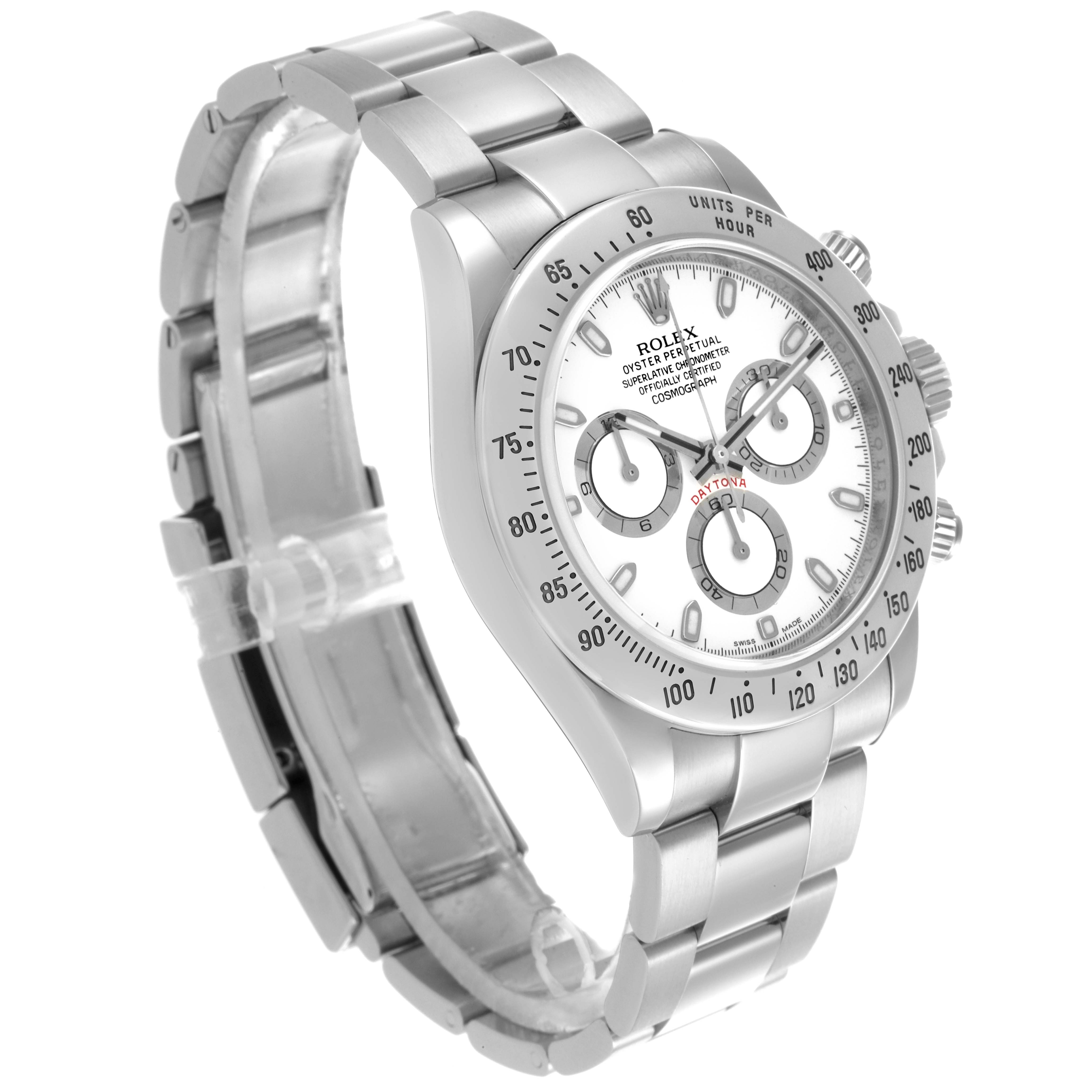 The Rolex Daytona 116520 Men's Stainless Steel White Dial 116520 Men's Stainless Steel White Dial watch is shown at a three-quarter angle, highlighting the dial, bezel, bracelet, and pushers.