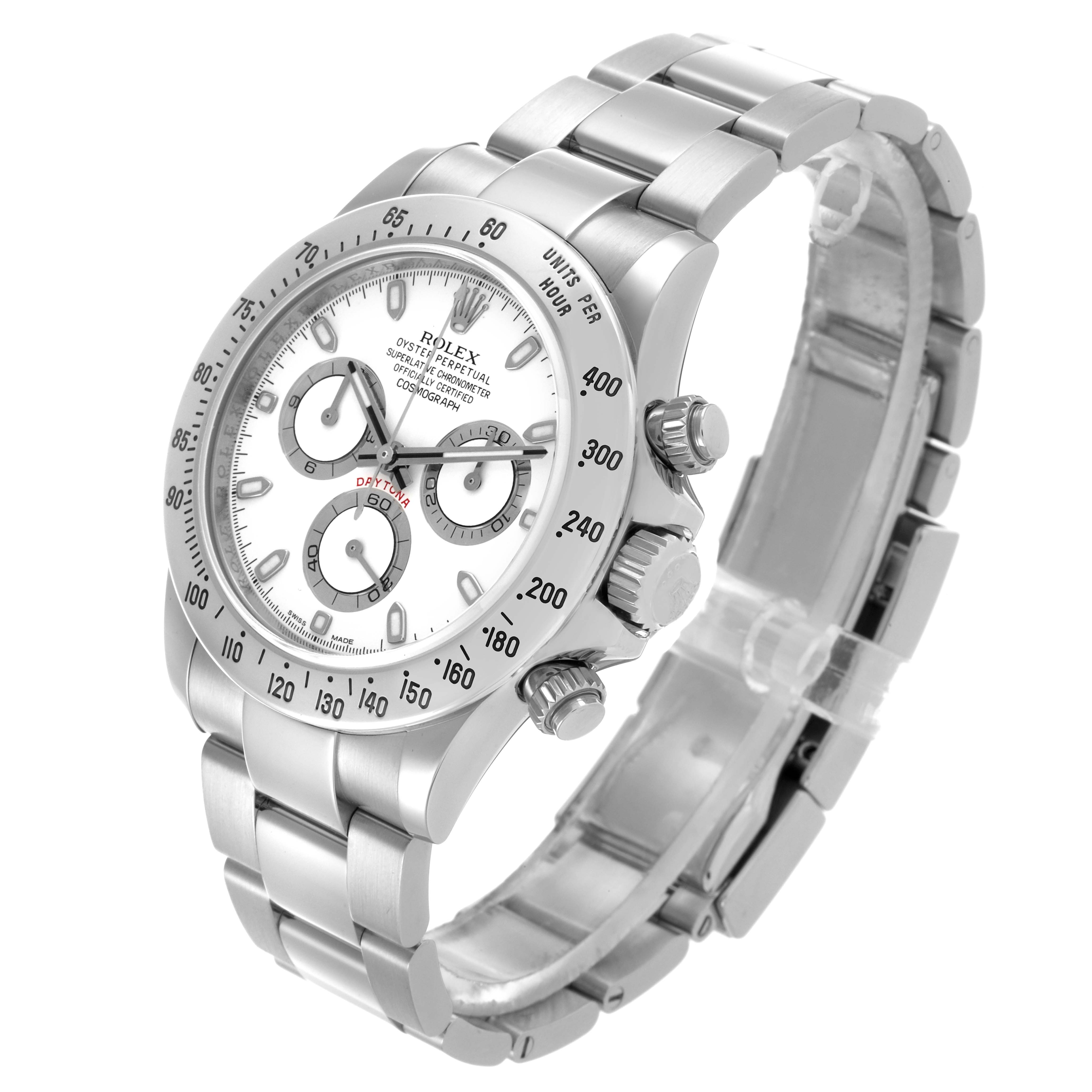 The Rolex Daytona 116520 Men's Stainless Steel White Dial 116520 Men's Stainless Steel White Dial watch is shown at an angle highlighting the face, bezel, crown, and bracelet links.