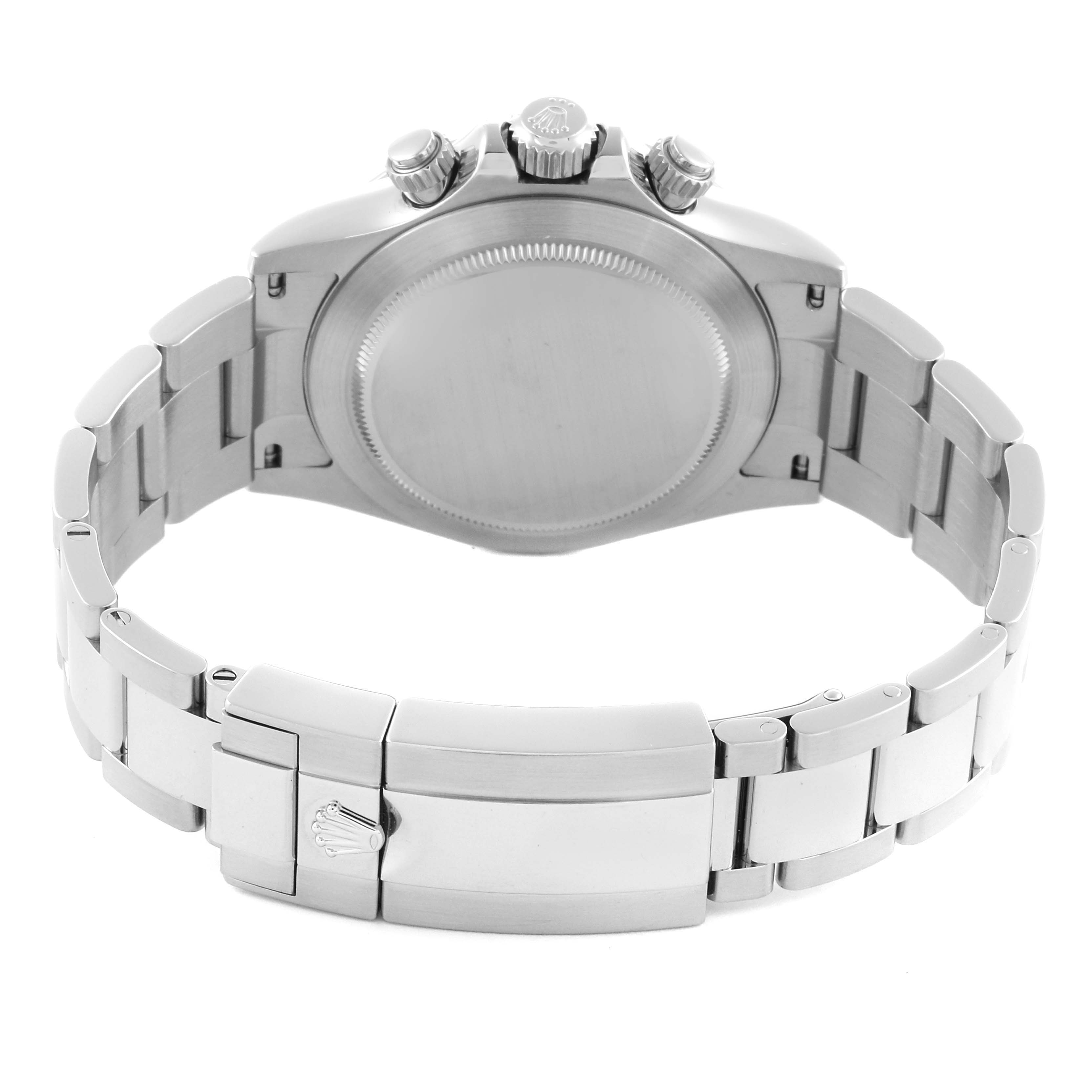 The Rolex Daytona 116520 Men's Stainless Steel White Dial 116520 Men's Stainless Steel White Dial is shown from the back, highlighting the case back and bracelet clasp.