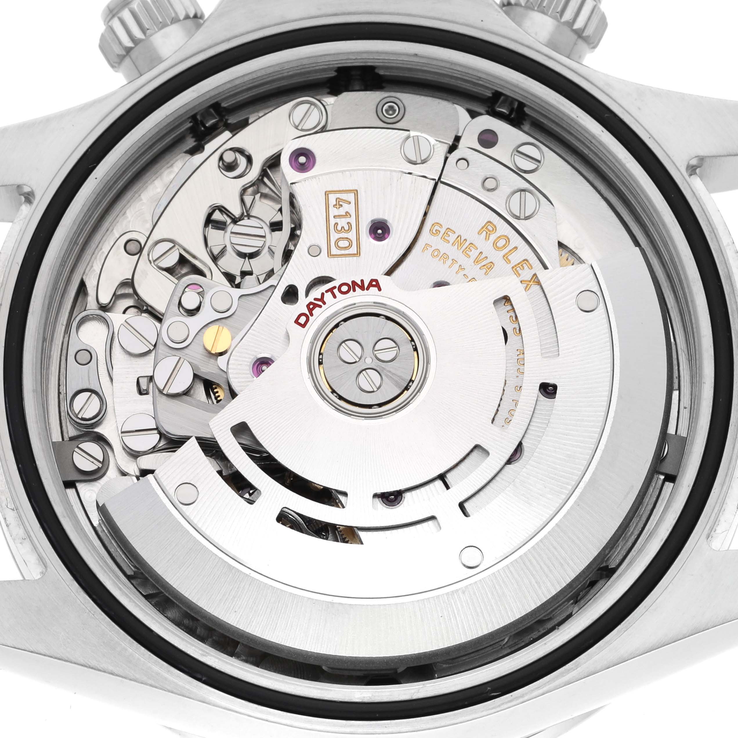 The image shows the movement mechanism of a Rolex Daytona 116520 Men's Stainless Steel White Dial 116520 Men's Stainless Steel White Dial watch from a rear, internal angle.