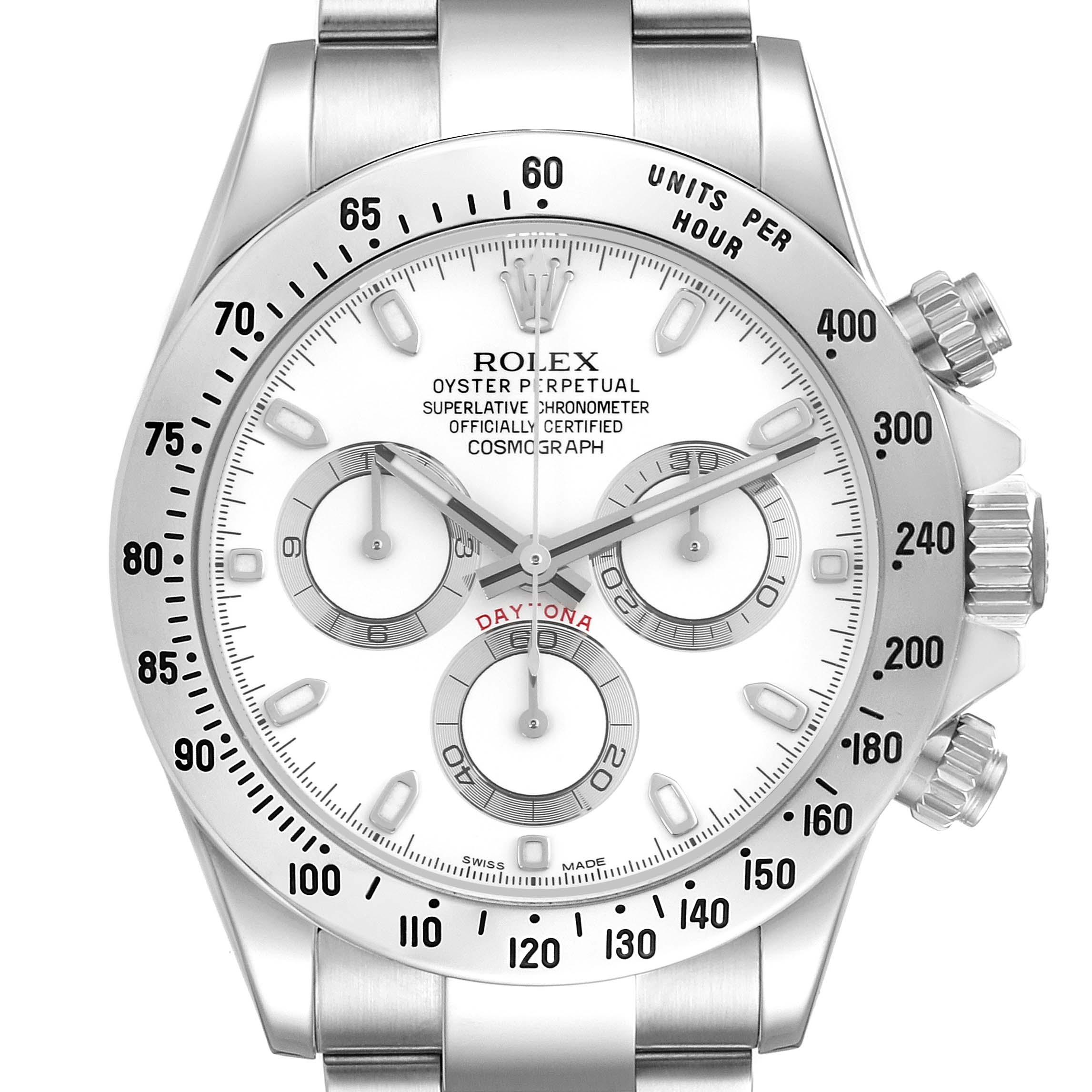 The image shows a frontal view of a Rolex Daytona 116520 Men's Stainless Steel White Dial 116520 Men's Stainless Steel White Dial watch, highlighting the dial, bezel, and pushers.