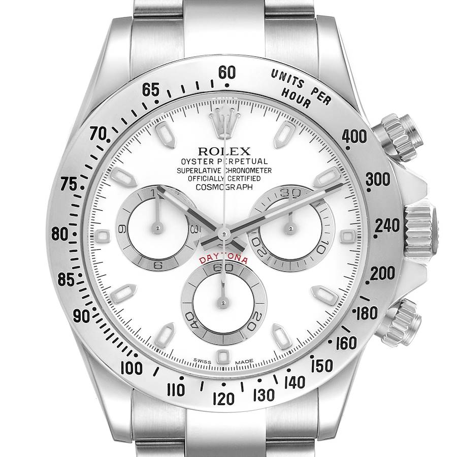 The image shows a frontal view of a Rolex Daytona watch, highlighting the dial, bezel, and pushers.