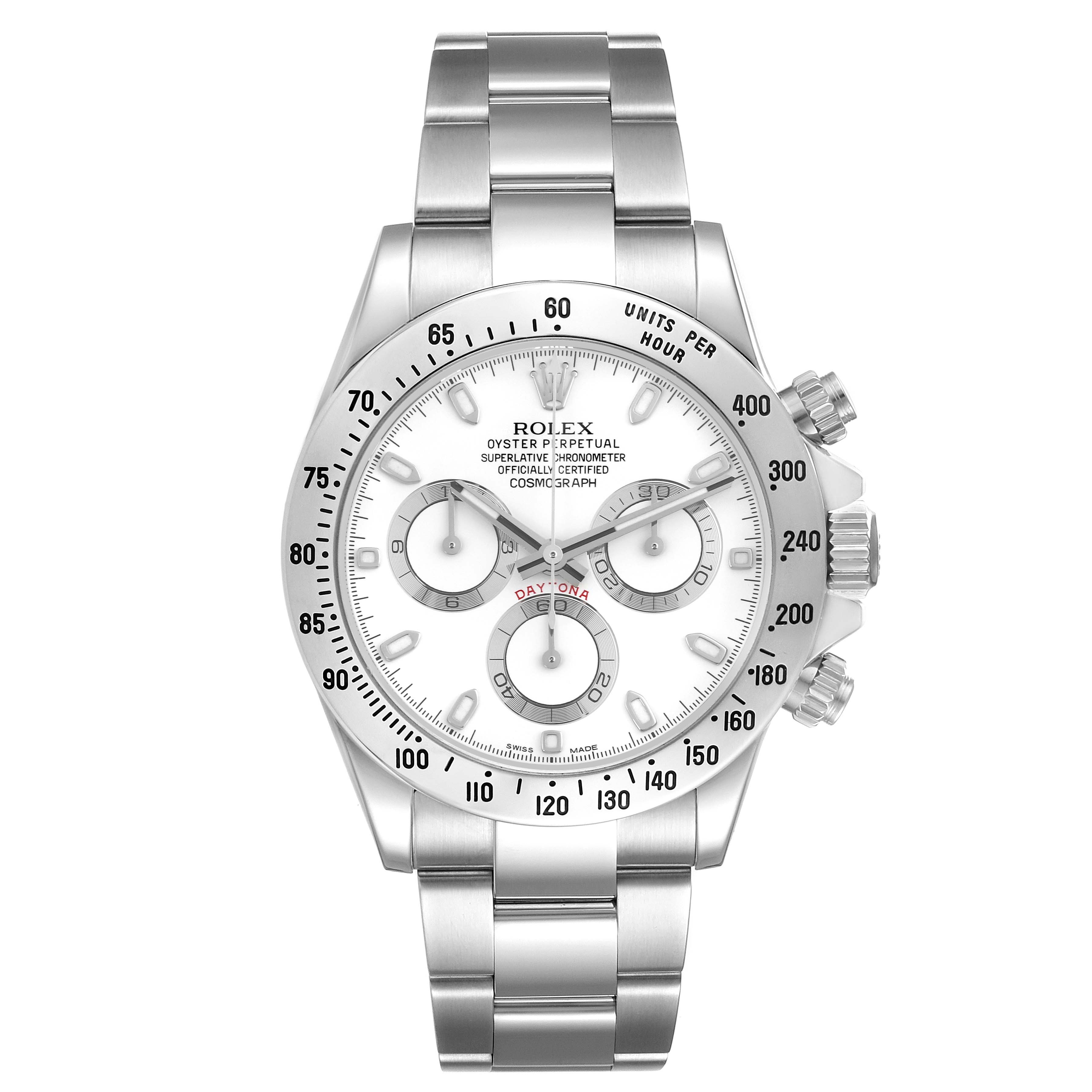 The image shows a frontal view of a Rolex Daytona 116520 Men's Stainless Steel White Dial 116520 Men's Stainless Steel White Dial watch, highlighting the face, bezel, and bracelet.