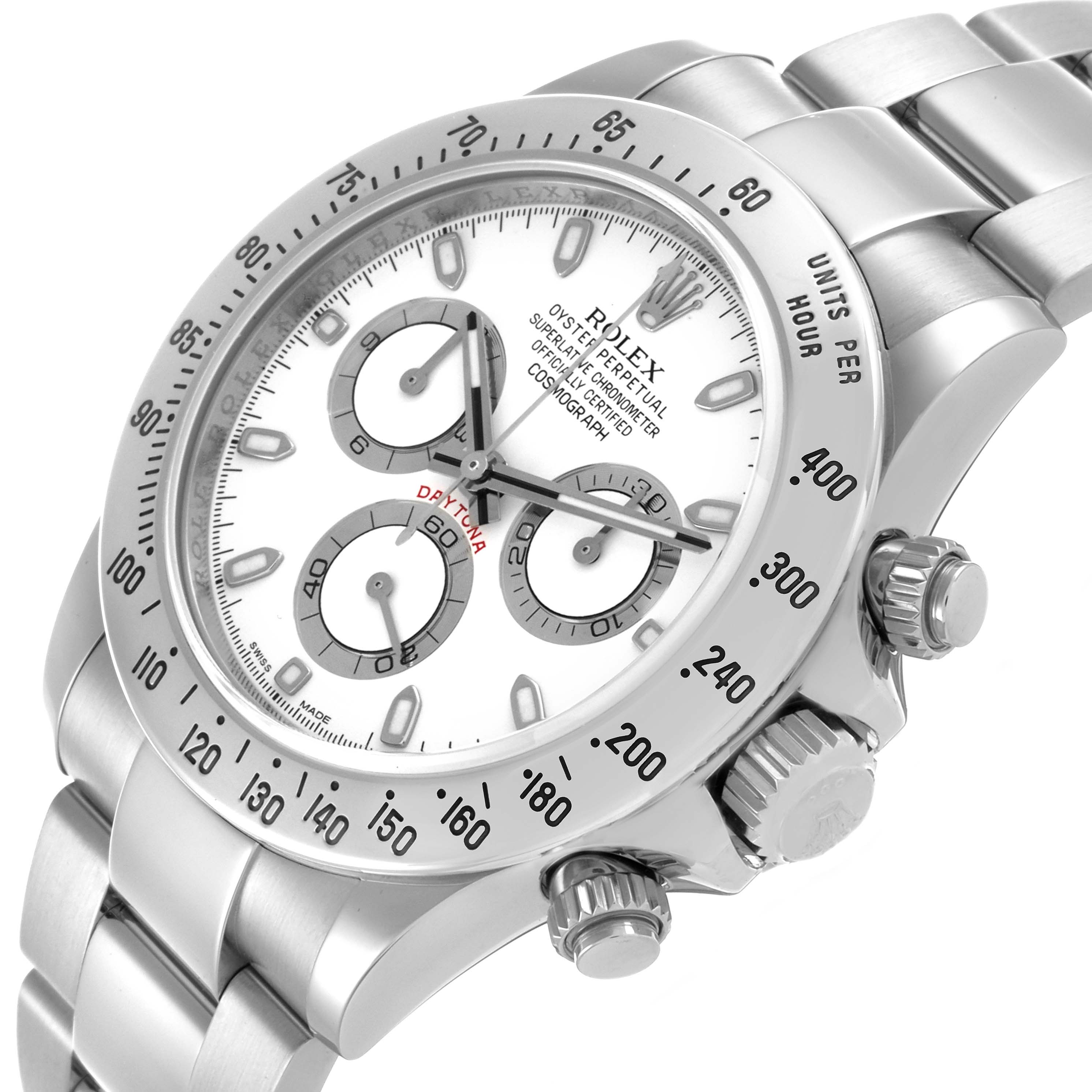 The Rolex Daytona 116520 Men's Stainless Steel White Dial 116520 Men's Stainless Steel White Dial watch is shown at a slight side angle, highlighting the dial, bezel, and crown.