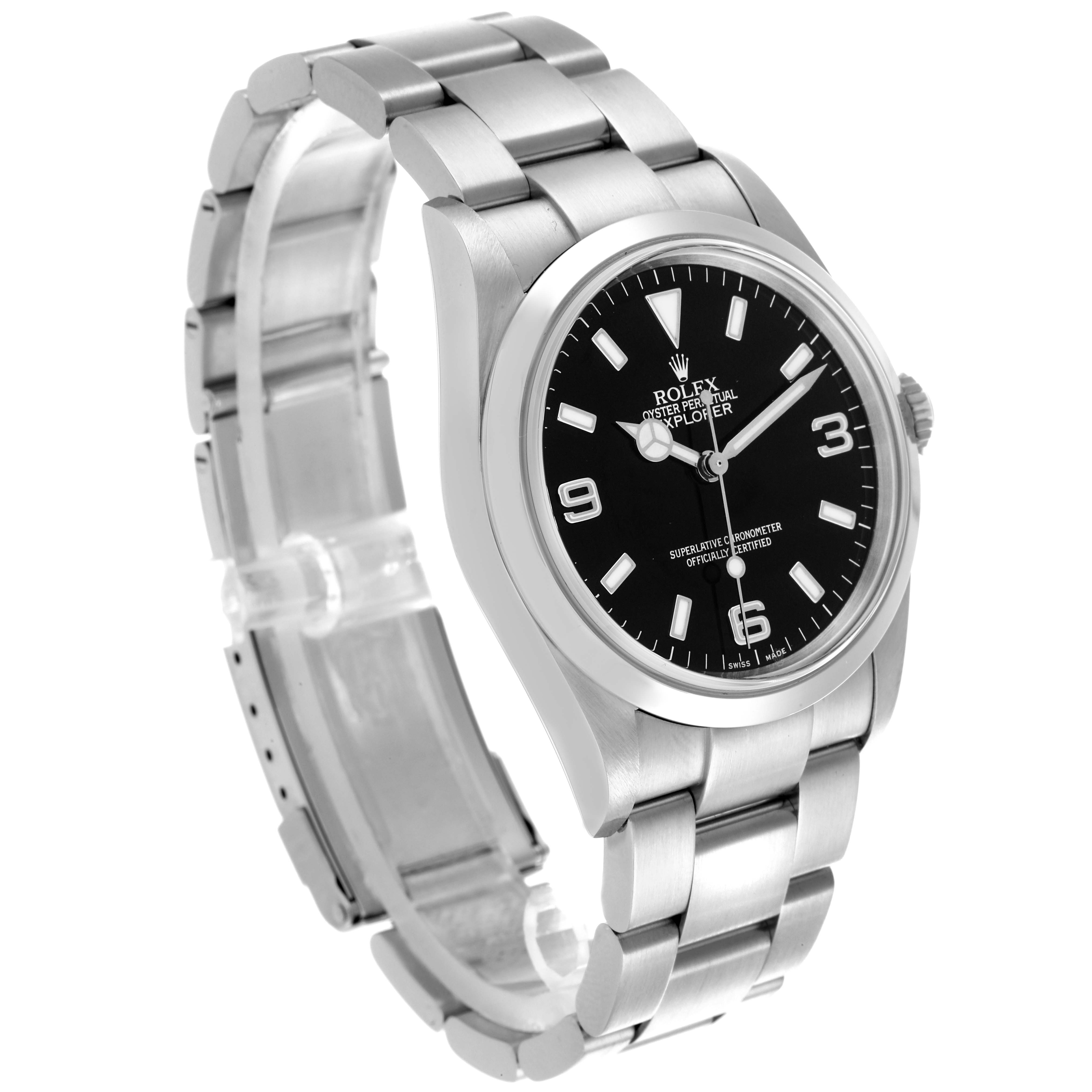 The Rolex Explorer 114270 Men
s Stainless Steel Black Dial 114270 Men
s Stainless Steel Black Dial watch is shown at a side angle, highlighting the dial, bezel, case, and bracelet.