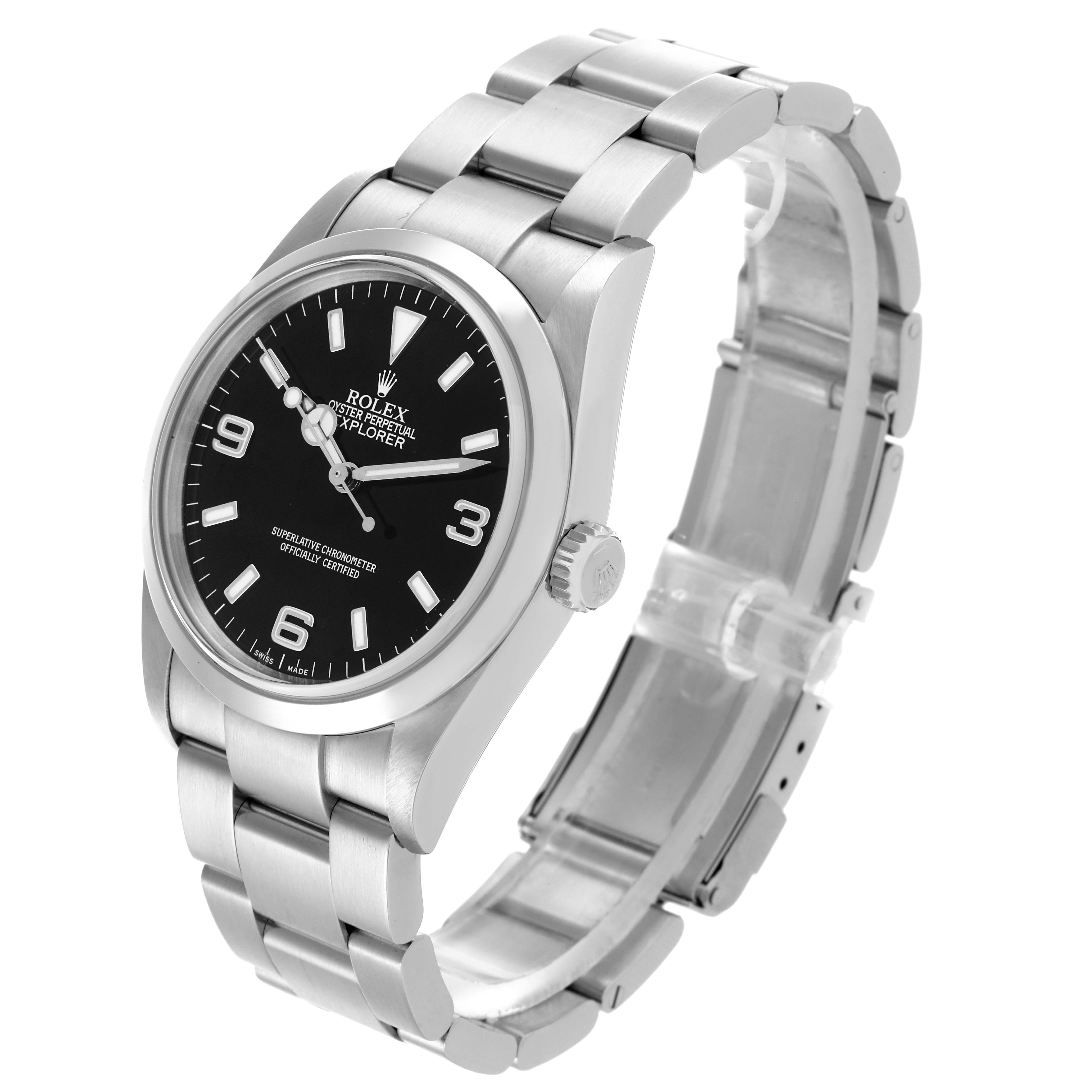 The Rolex Explorer 114270 Men
s Stainless Steel Black Dial 114270 Men
s Stainless Steel Black Dial watch is shown at a three-quarter angle, displaying the dial, case, and bracelet prominently.