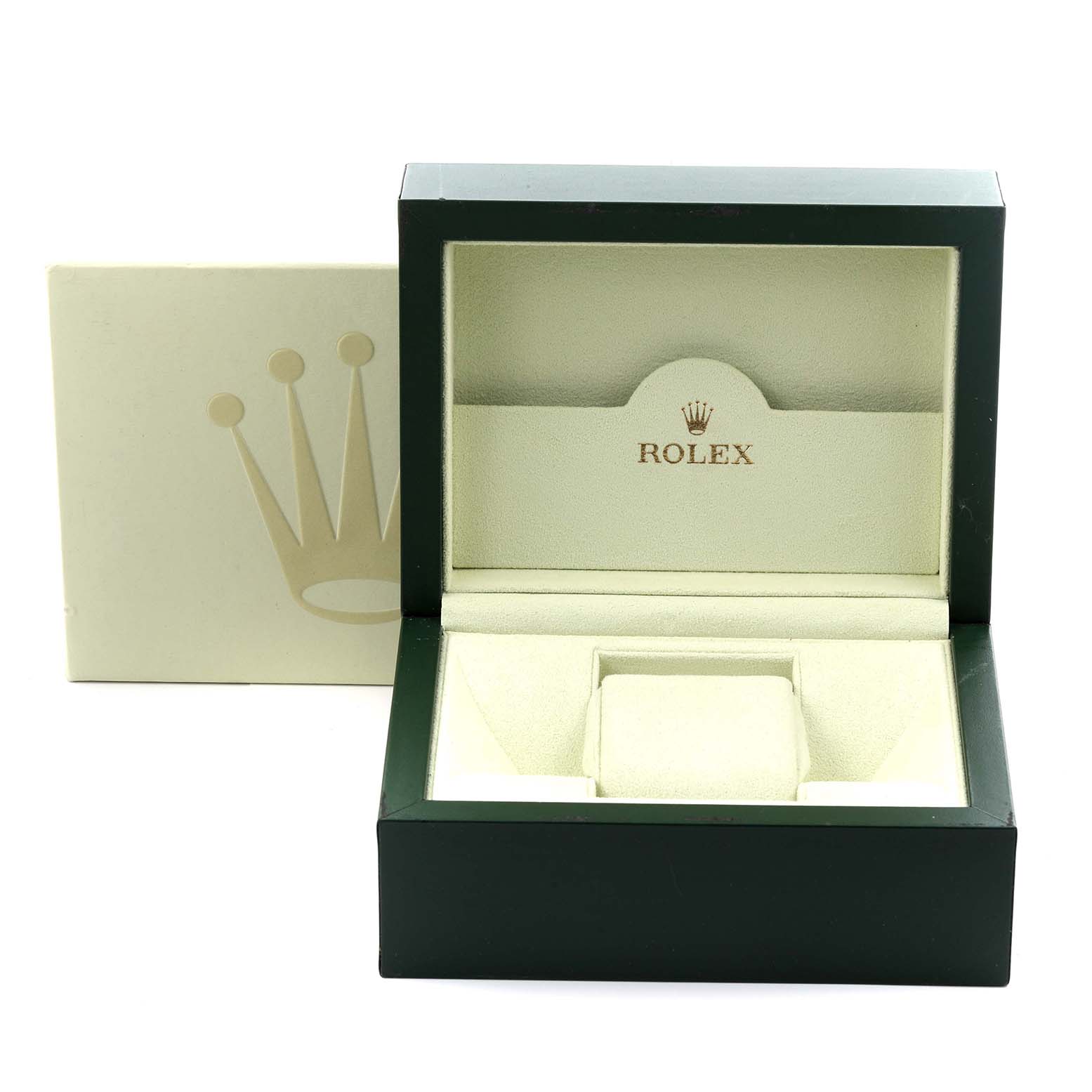 The image shows an empty box for a Rolex Explorer 114270 Men
s Stainless Steel Black Dial 114270 Men
s Stainless Steel Black Dial, highlighting the interior and exterior of the packaging.