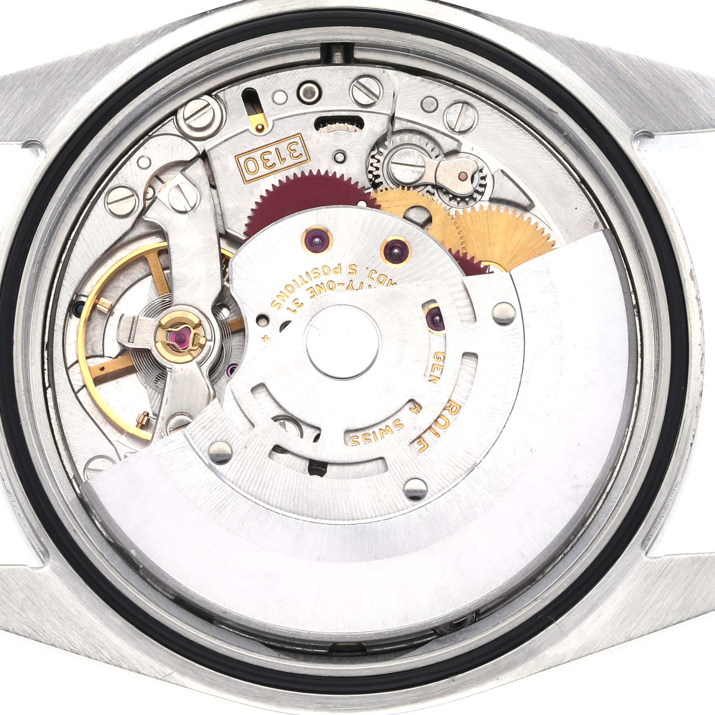 The image shows the internal movement mechanism of a Rolex Explorer 114270 Men
s Stainless Steel Black Dial 114270 Men
s Stainless Steel Black Dial watch from a back angle.