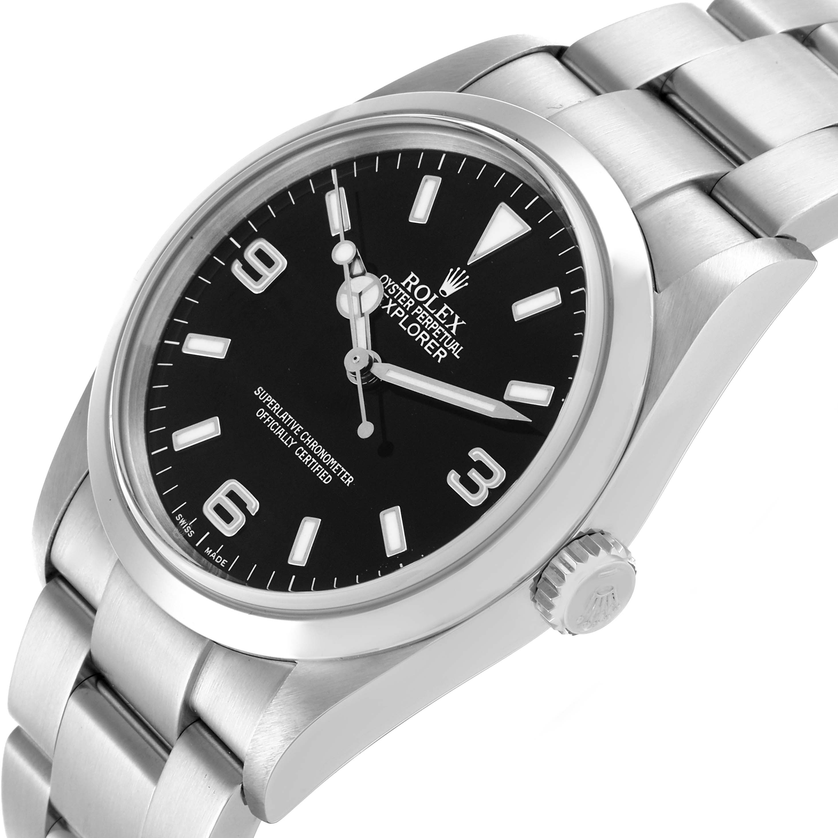 The image shows a Rolex Explorer 114270 Men
s Stainless Steel Black Dial 114270 Men
s Stainless Steel Black Dial watch at a slight angle, displaying the dial, bezel, crown, and part of the bracelet.