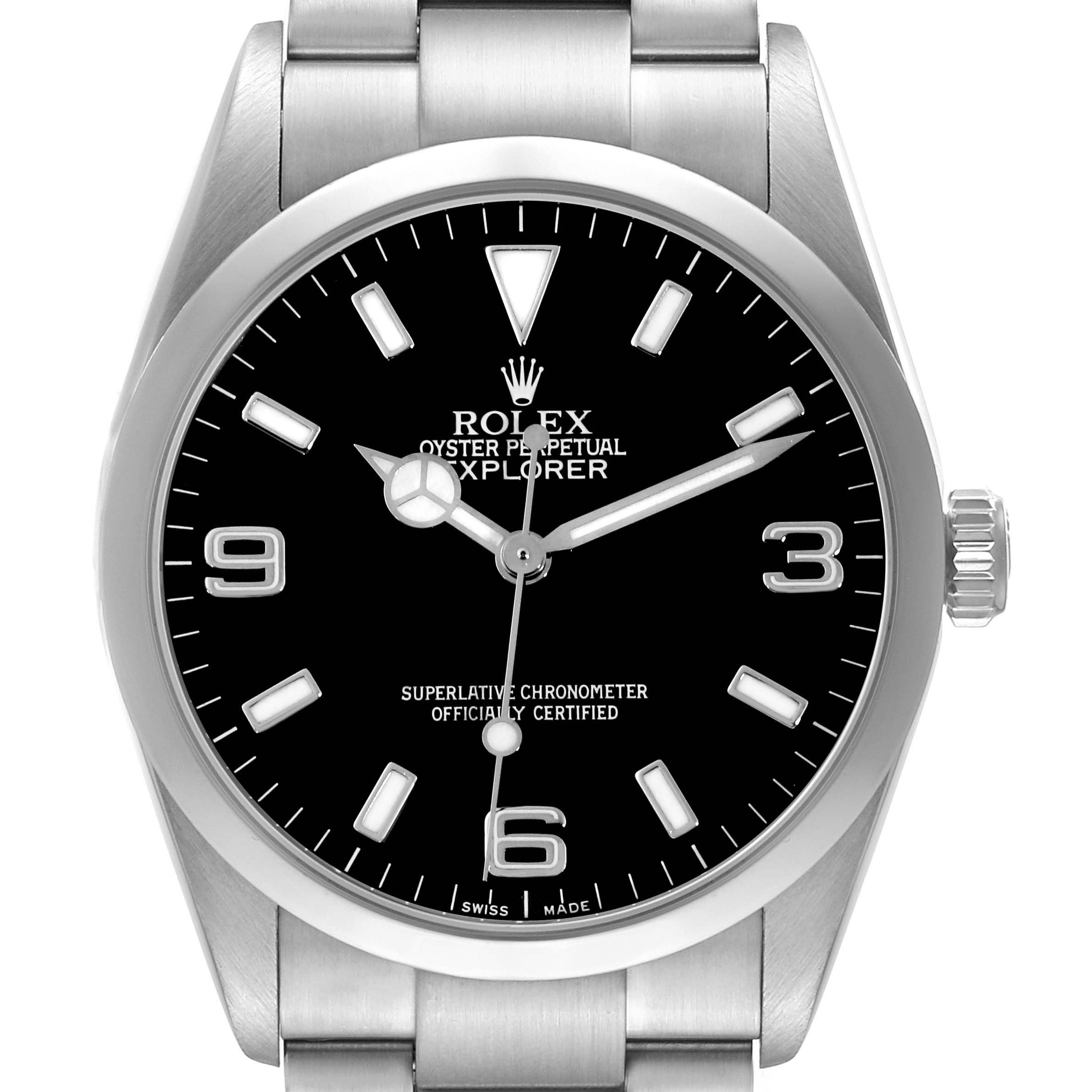 The Rolex Explorer 114270 Men
s Stainless Steel Black Dial 114270 Men
s Stainless Steel Black Dial watch is shown from the front, displaying the face, case, crown, and part of the bracelet.