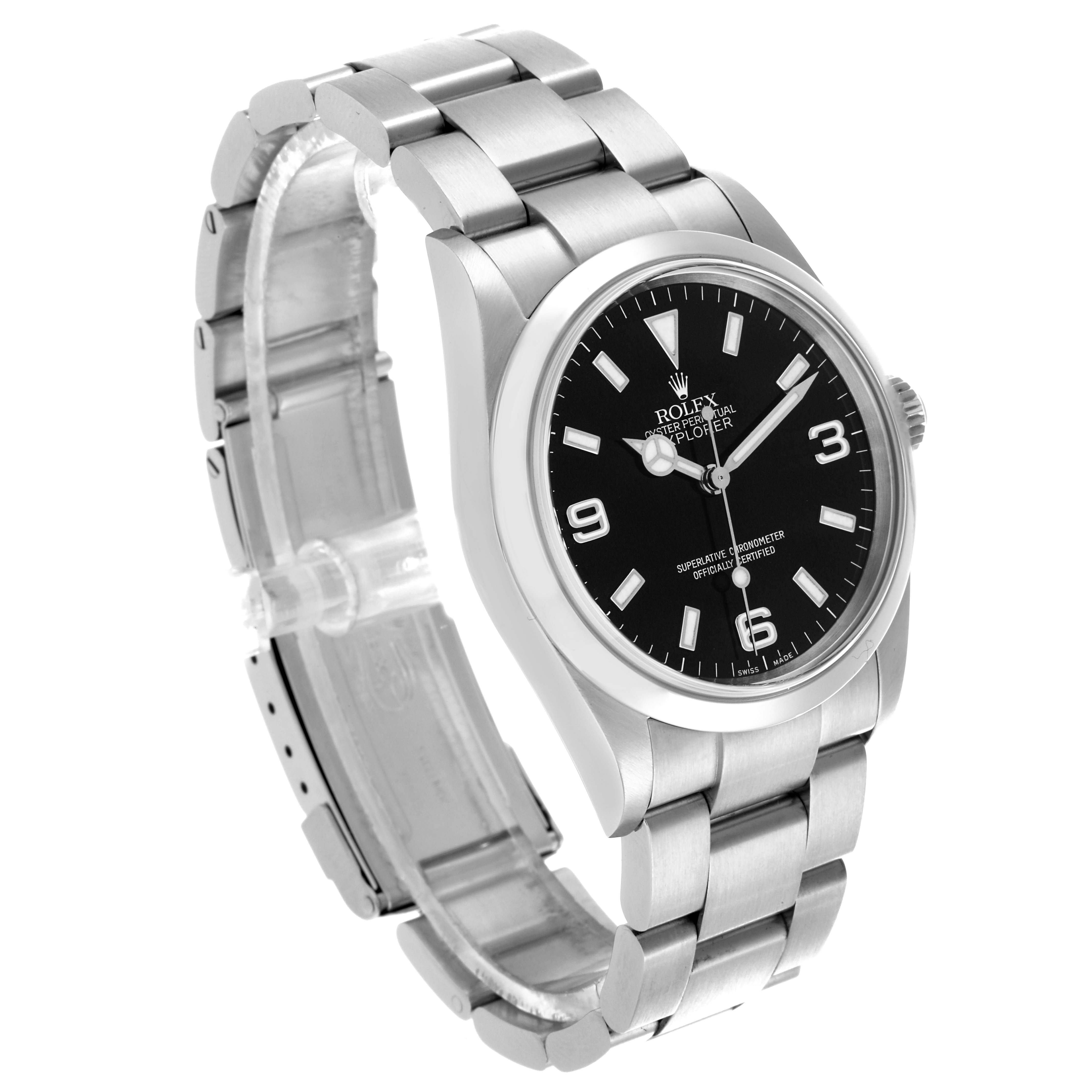 The Rolex Explorer 114270 Men
s Stainless Steel Black Dial 114270 Men
s Stainless Steel Black Dial watch is shown at a three-quarter angle featuring its face, bezel, and partial bracelet.