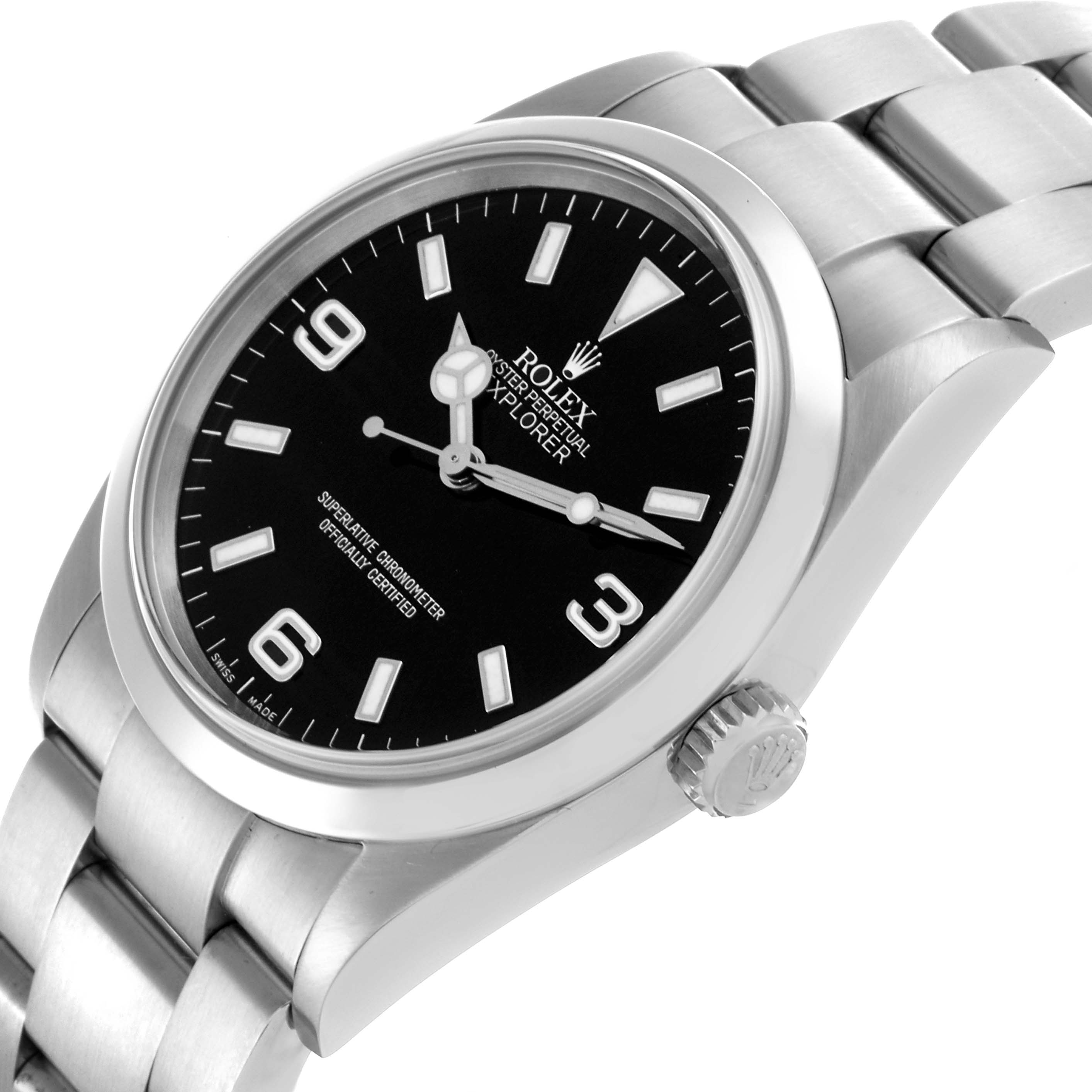 The Rolex Explorer 114270 Men
s Stainless Steel Black Dial 114270 Men
s Stainless Steel Black Dial watch is shown at a slight angle, highlighting the black dial, bezel, crown, and part of the bracelet.