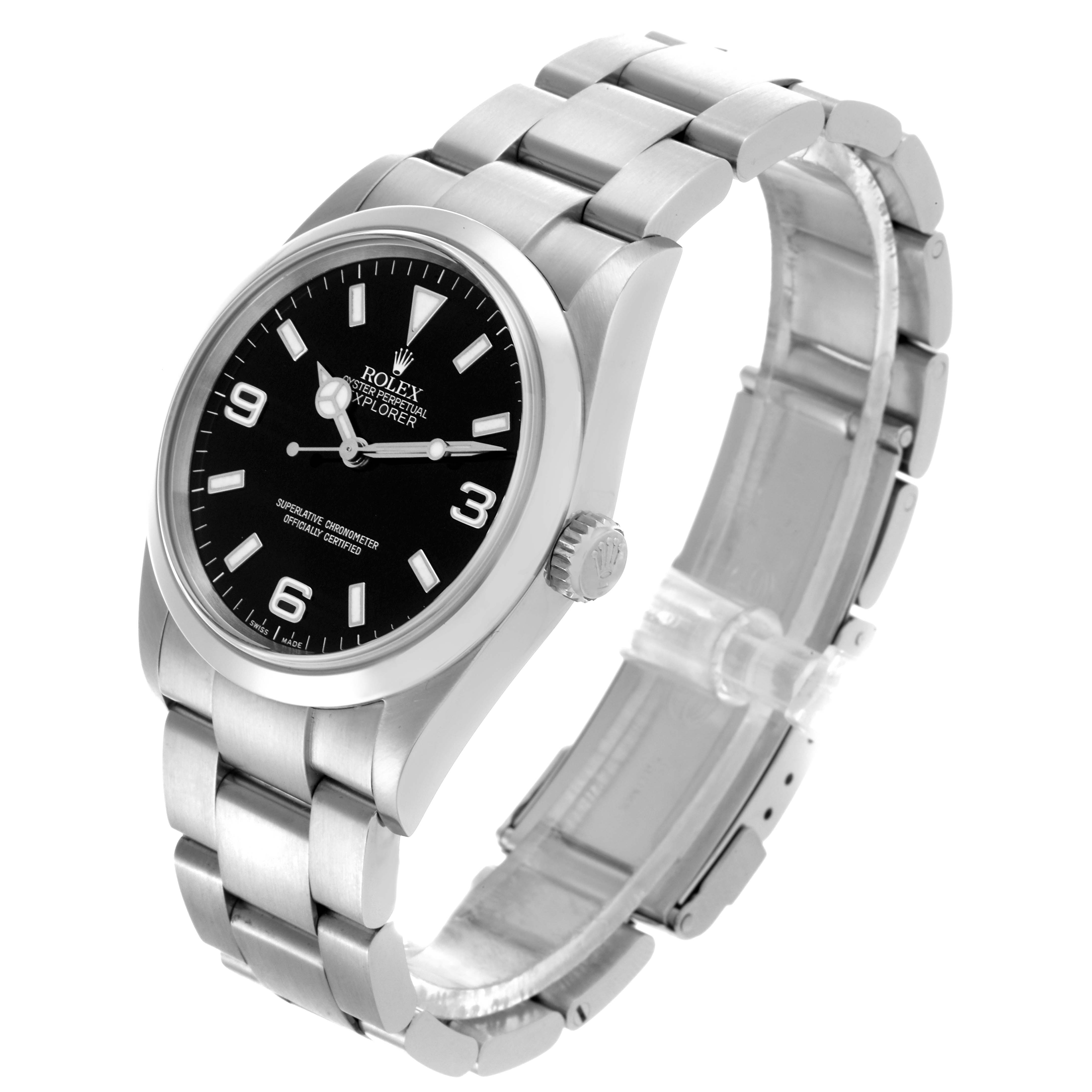 The Rolex Explorer 114270 Men
s Stainless Steel Black Dial 114270 Men
s Stainless Steel Black Dial is shown from a side angle, displaying the dial, bezel, crown, and part of the bracelet.