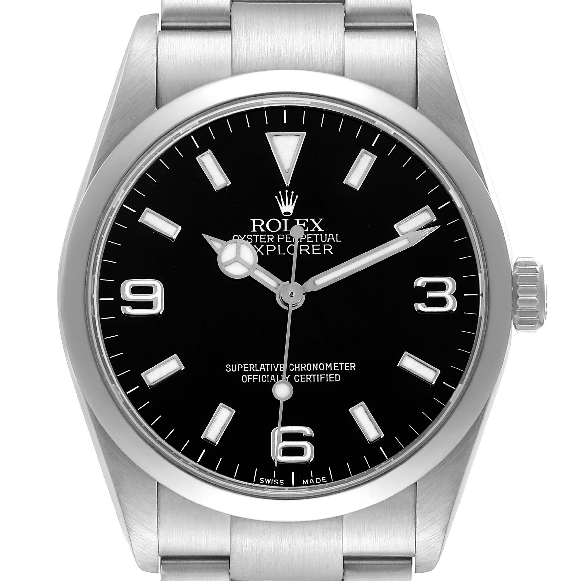 The Rolex Explorer 114270 Men
s Stainless Steel Black Dial 114270 Men
s Stainless Steel Black Dial watch is shown from a front angle, highlighting the face, bezel, hands, and part of the bracelet.